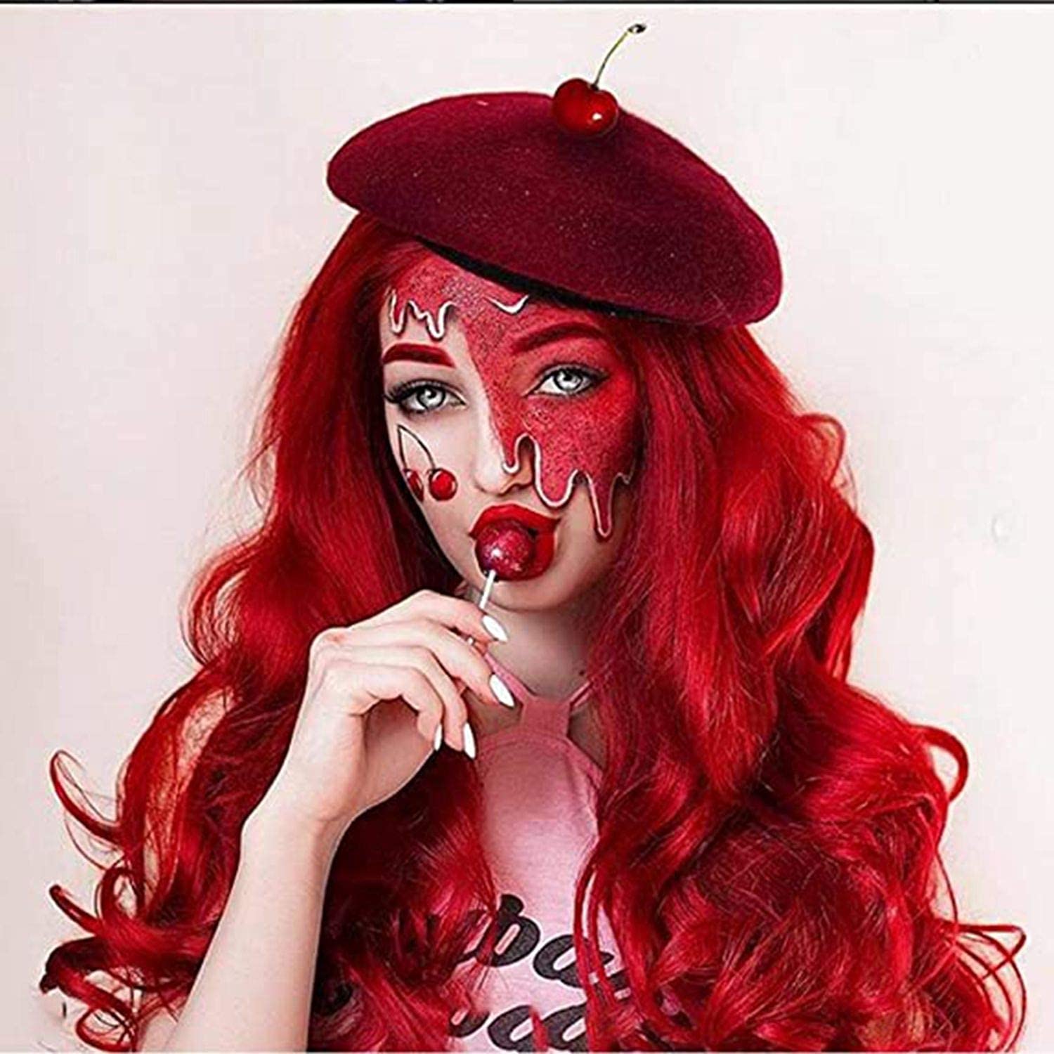Red Women Long Curly Wavy Synthetic Cosplay Full Wig Halloween Costume Party, L205-Red, 54 cm - Image 2
