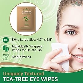 NOVEHA 180PCs Tea Tree & Coconut Oil Eyelid & Lash Wipes | For Demodex, Blepharitis & Itchy Eyes - Effective Eyelash Wipes With Aloe Vera, Natural Makeup Remover & Daily Eye Cleanser - (Pack of 3)