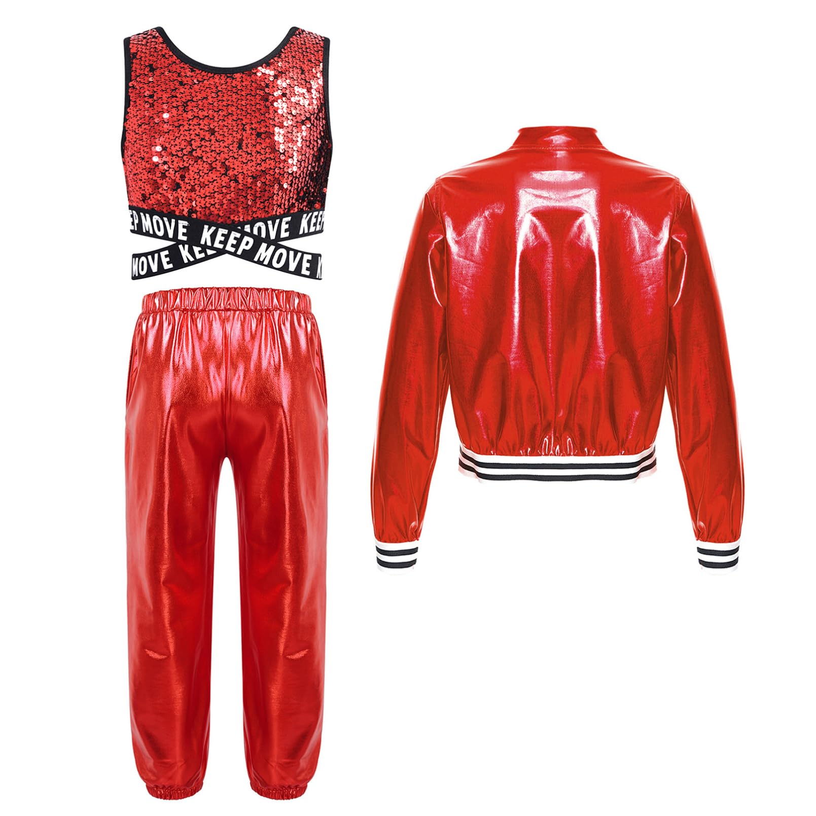 inhzoy Completo Sportivo da Bambina Lucido Tuta da Ginnastica Artistica Danza Moderna Hip Hop Giacca Sportiva + Reggiseno Sportivo + Pantaloni Lunghi Abito da Ballo di Strada