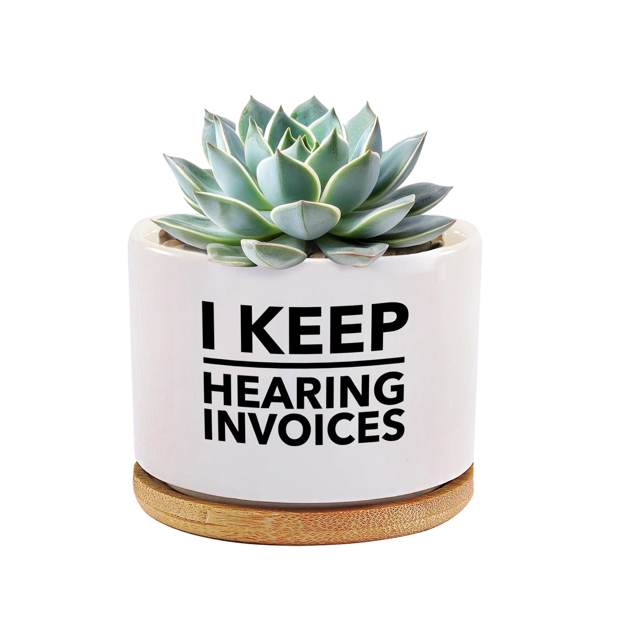 I Keep Hearing Invoices Accountant Gifts for Accounting Student Graduation Gifts CPA Bookkeeper Ceramic Succulent Plant Pot with Bamboo Tray Round Home Office Decor 3.5 Inch White (No Plants)
