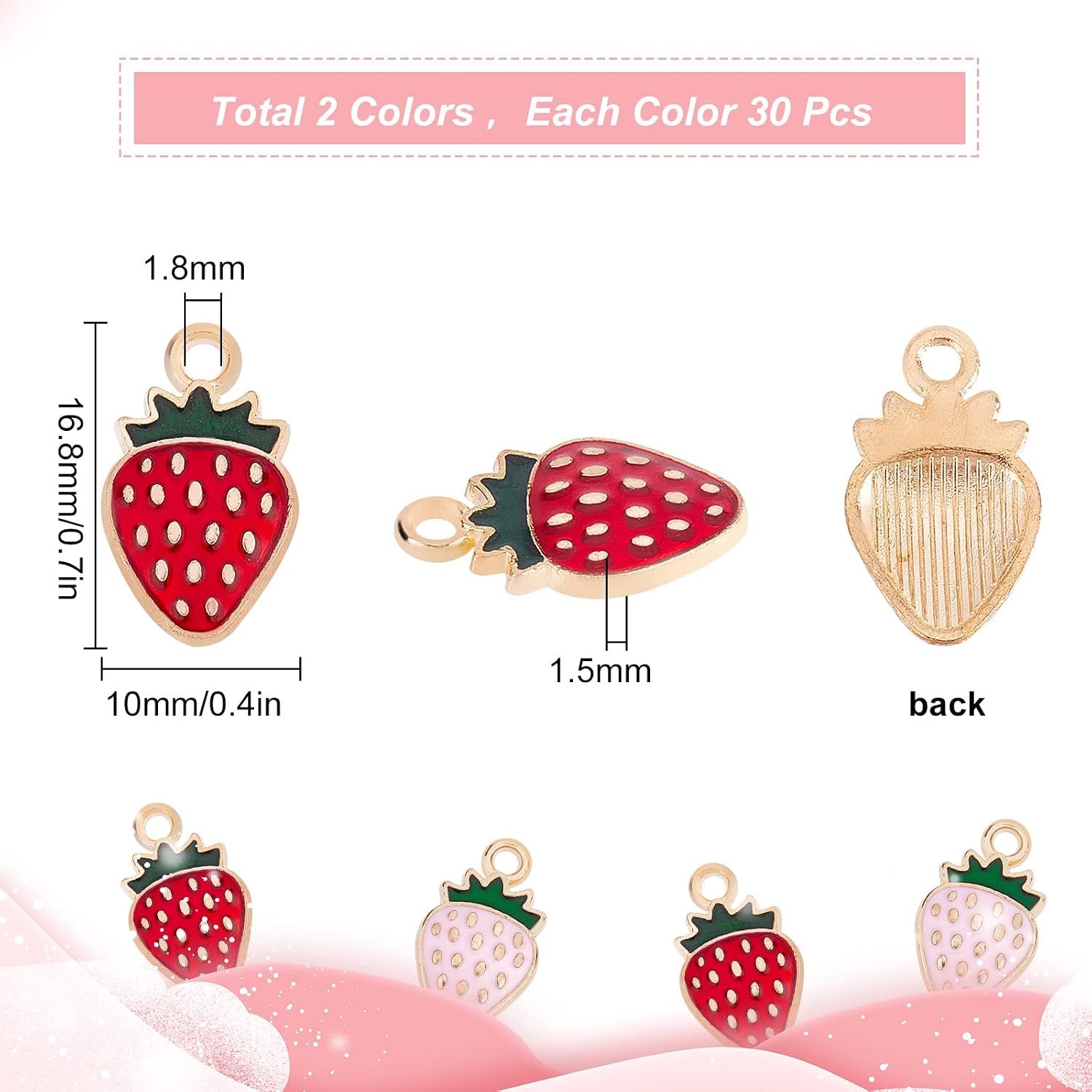 SUNNYCLUE 1 Box 60Pcs Strawberry Charms Bulk Pink Enamel Strawberries Charm Small Red Strawberry Fresh Fruit Flatback Pendants for Jewelry Making Alloy Enamel Findings DIY Earrings Supplies Craft