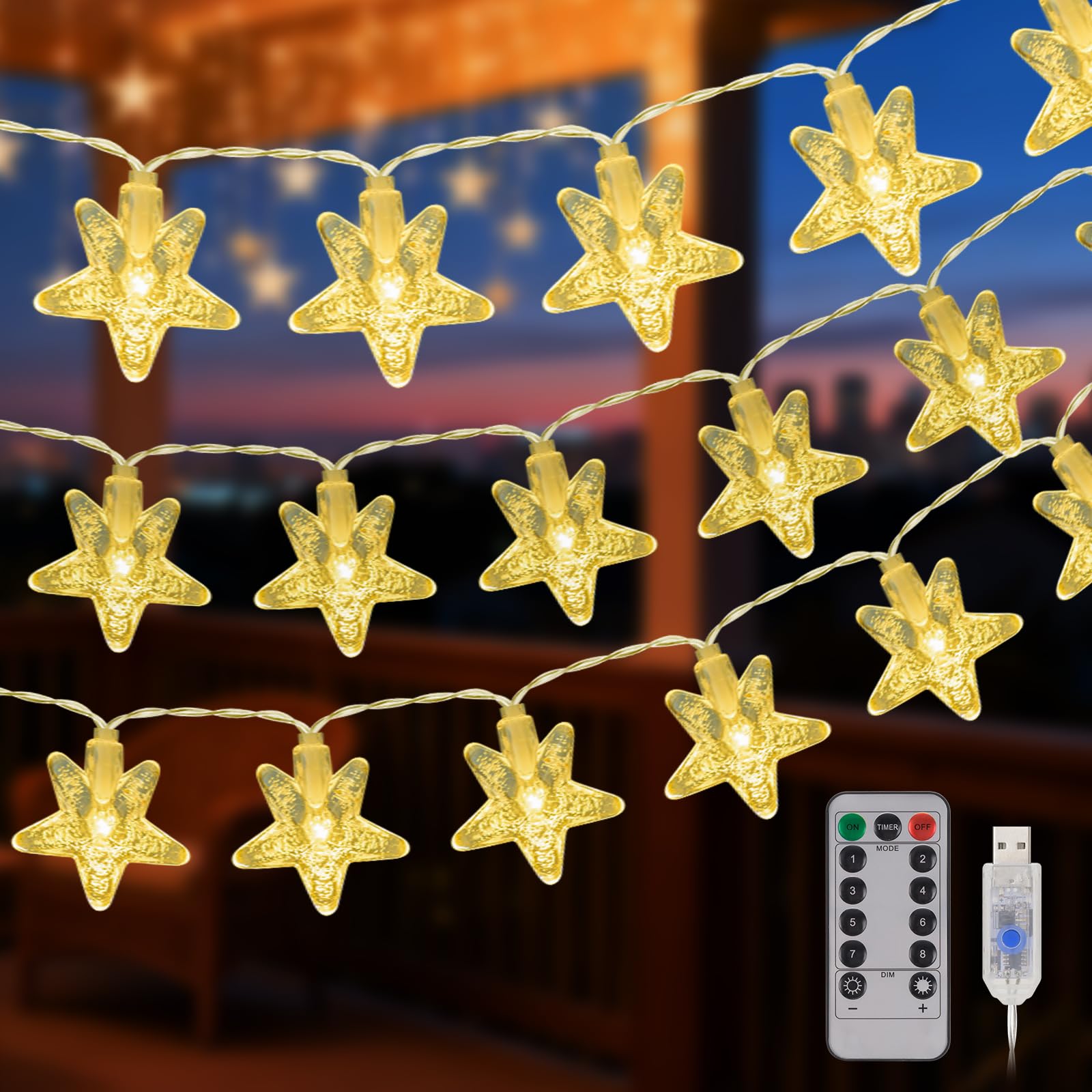 Qeelin Star String Lights, 6M/20FT 40LED Decorative String Light, USB Powered with Remote Control, IP65 Waterproof, 8 Linghting Modes Ideal for Indoor Use, Christmas, Party (Star 6M40LED)