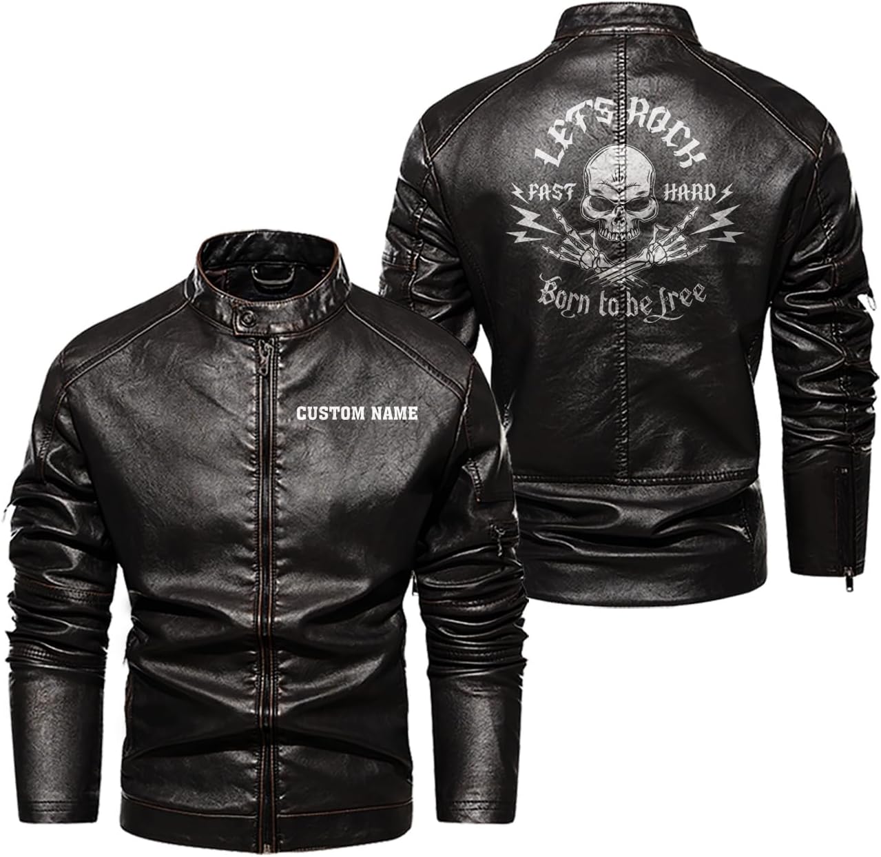 Let's Rock, Fast and Hard, Born to be Free, Music Skull Rocker, Motorcycle Custom Men PU Leather Vest Jacket