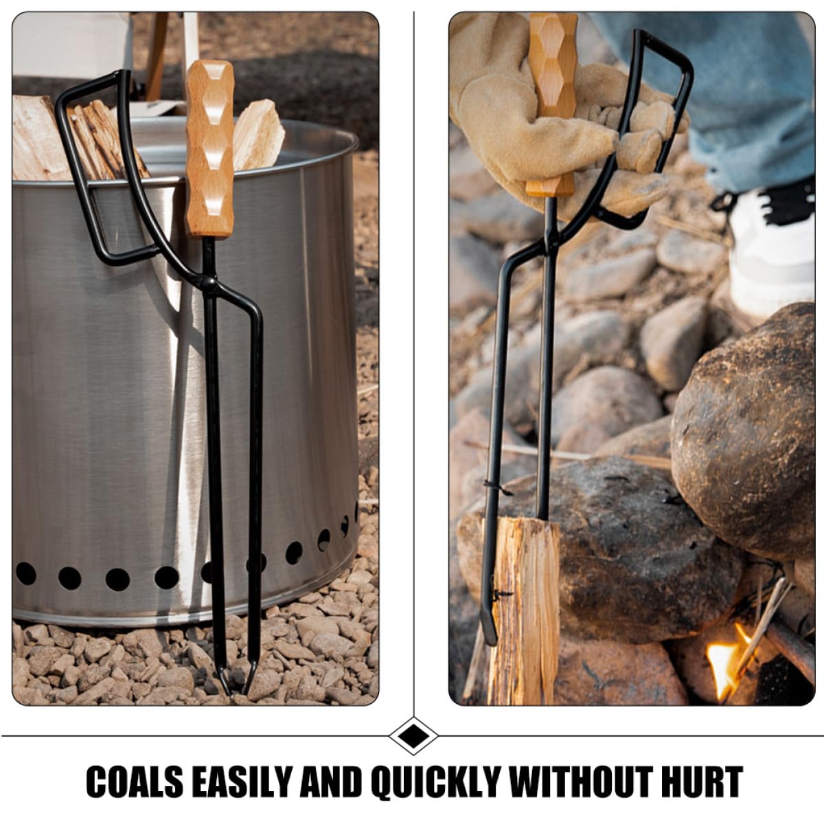 KICHOUSE Pinza per Barbecue in Ferro e Legno Manici Spessi, Pinza Allungata per Carbonella per Campeggio e Picnic, Resistente e Antiscottatura