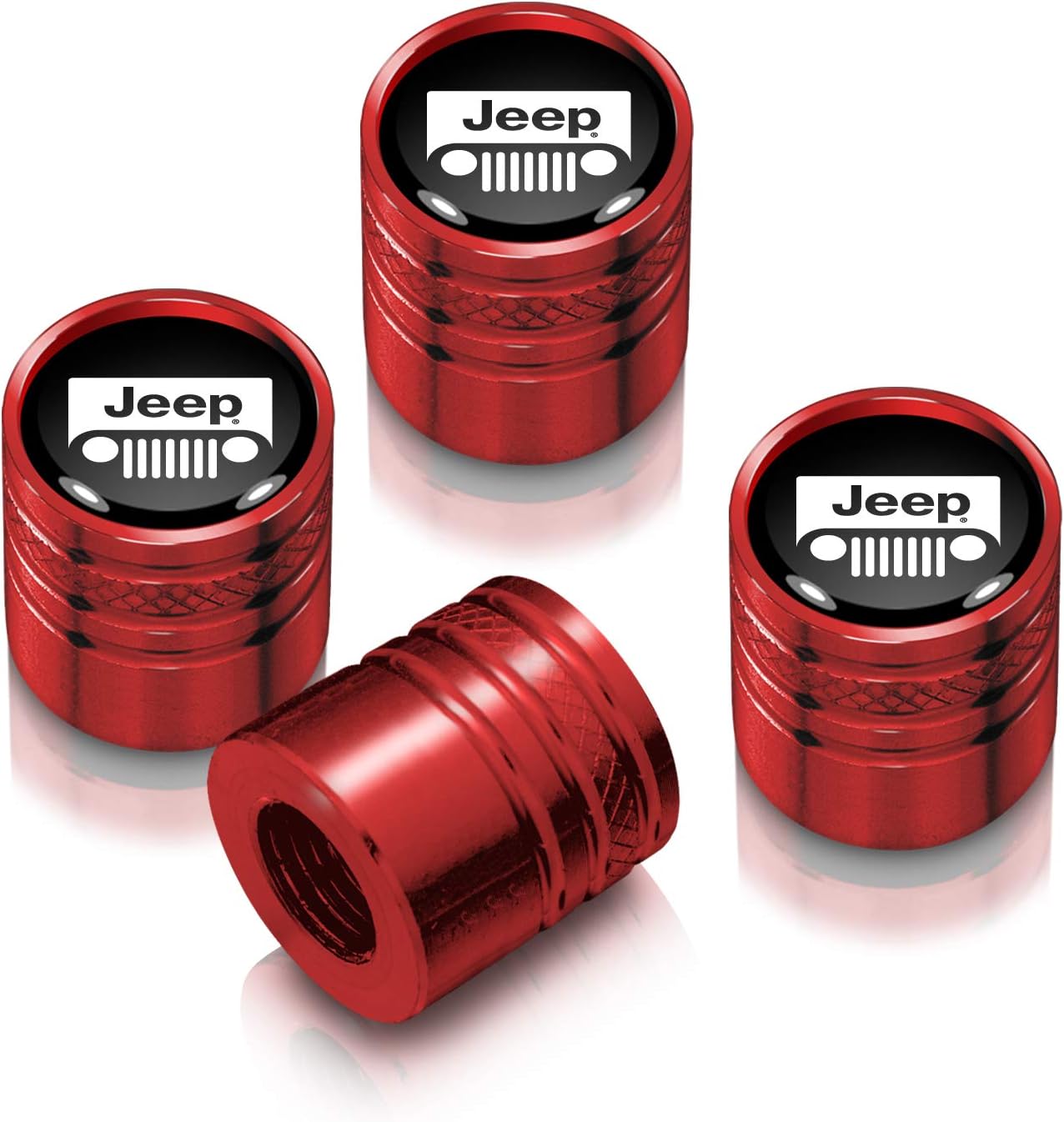 iPick Image for Jeep Grill in Black on Red Aluminum Cylinder-Style Tire Valve Stem Caps
