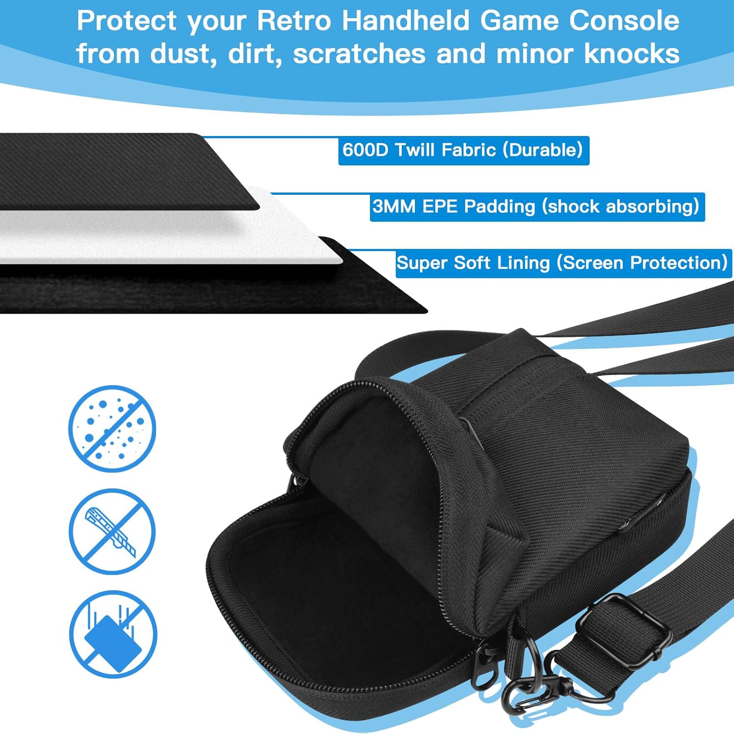 CaSZLUTION Travel Case for Analogue Pocket, Portable Mini Game Player Storage Bag with Shoulder Strap Compatible with RG353V / RG35XX H Retro Handheld Game Console (Case Only)