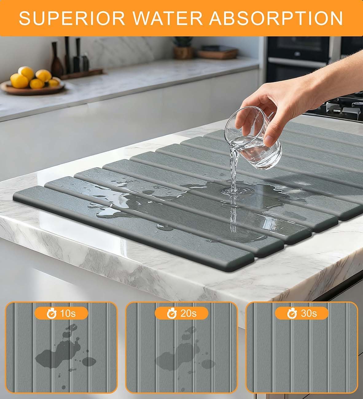 Stone Dish Drying Mat for Kitchen Counter, 24"(L)×16"(W) Collapsible Fast Drying Diatomaceous Earth Mats with Towel Sanding Tool,Versatile Stone Drying Mats for Cups Dishes Bottles Bathroom -Gray