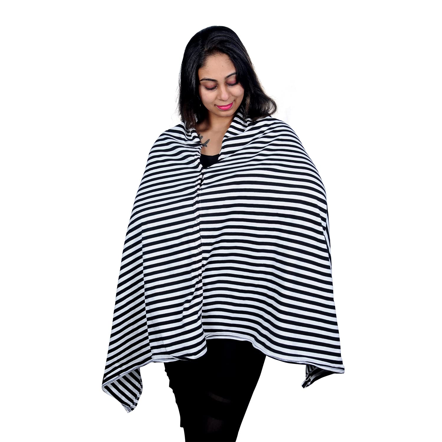 KowsiKowsi Women Cotton Casual Style Soft Mother's Nursing & Feeding Shawl Feeding Cloak (Black Stripes)