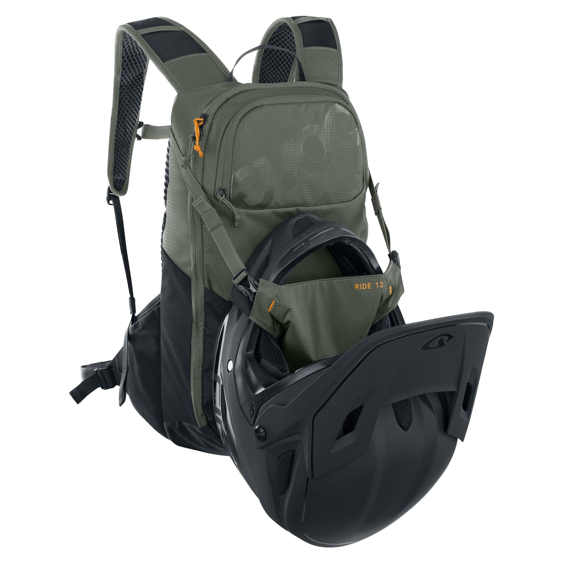 EVOC RIDE 12 Protektor Fahrradrucksack, Trekkingrucksack für Trails & Alltag (cleveres Taschenmanagement, AIR-PAD-Rückenpolsterung, Helmhalterung, Backpack inkl. 2l Trinkblase), Dunkeloliv/Schwarz