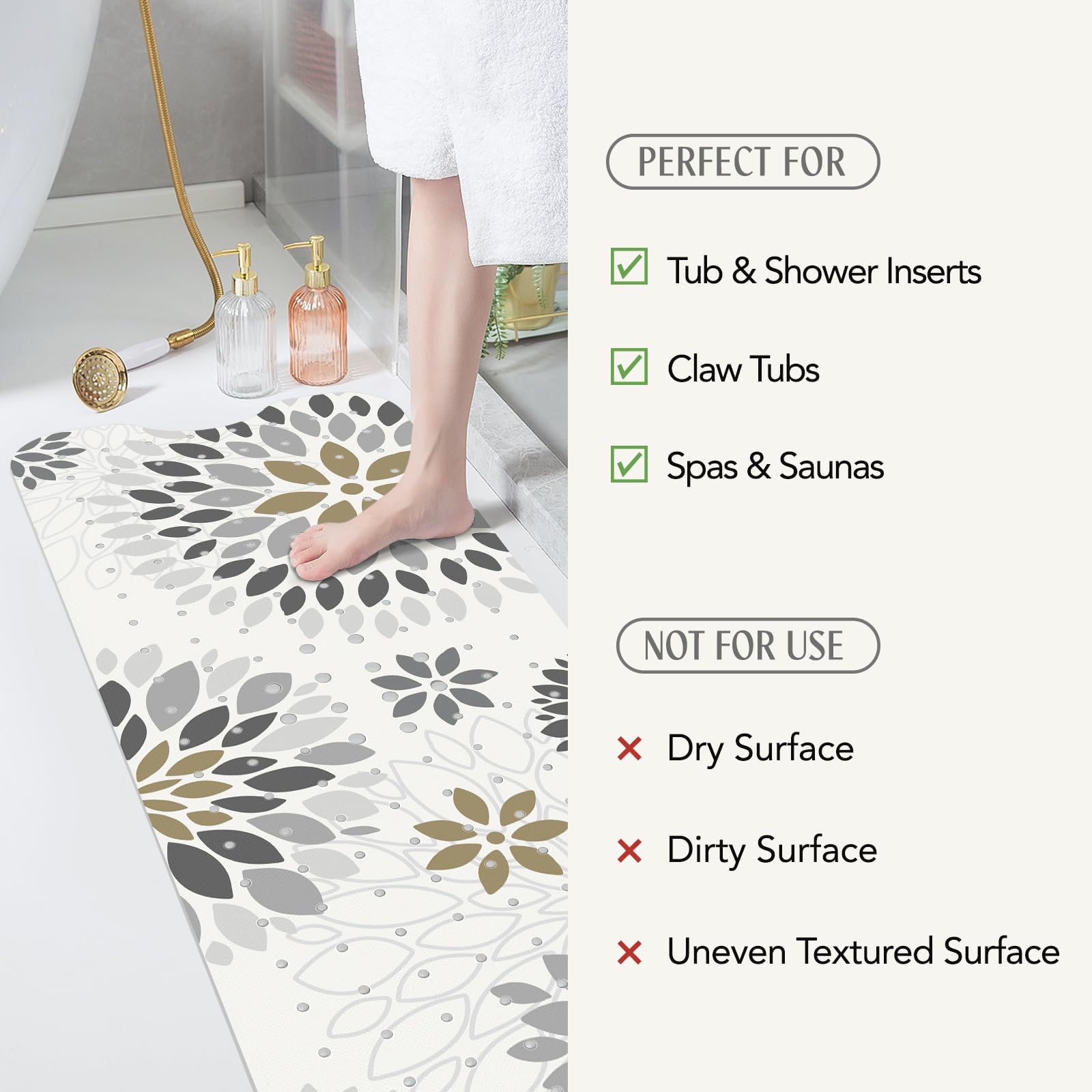 SHUCHING Tapis de Bain Antidérapant pour Adultes, Tapis de Baignoire Antidérapant 100 x 40cm, Tapis de Douche sans BPA Lavable en Machine et Résistant à la Moisissure, Fleurs Grises
