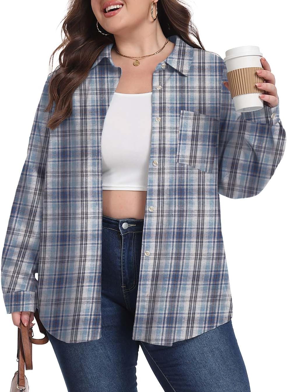 OLRIK Plus Size Plaid Shirt Flannel Long Sleeve Button Down for Women Loose Fit Comfortable Casual Loose Fit Blouse Haze Blue Plaid-2X