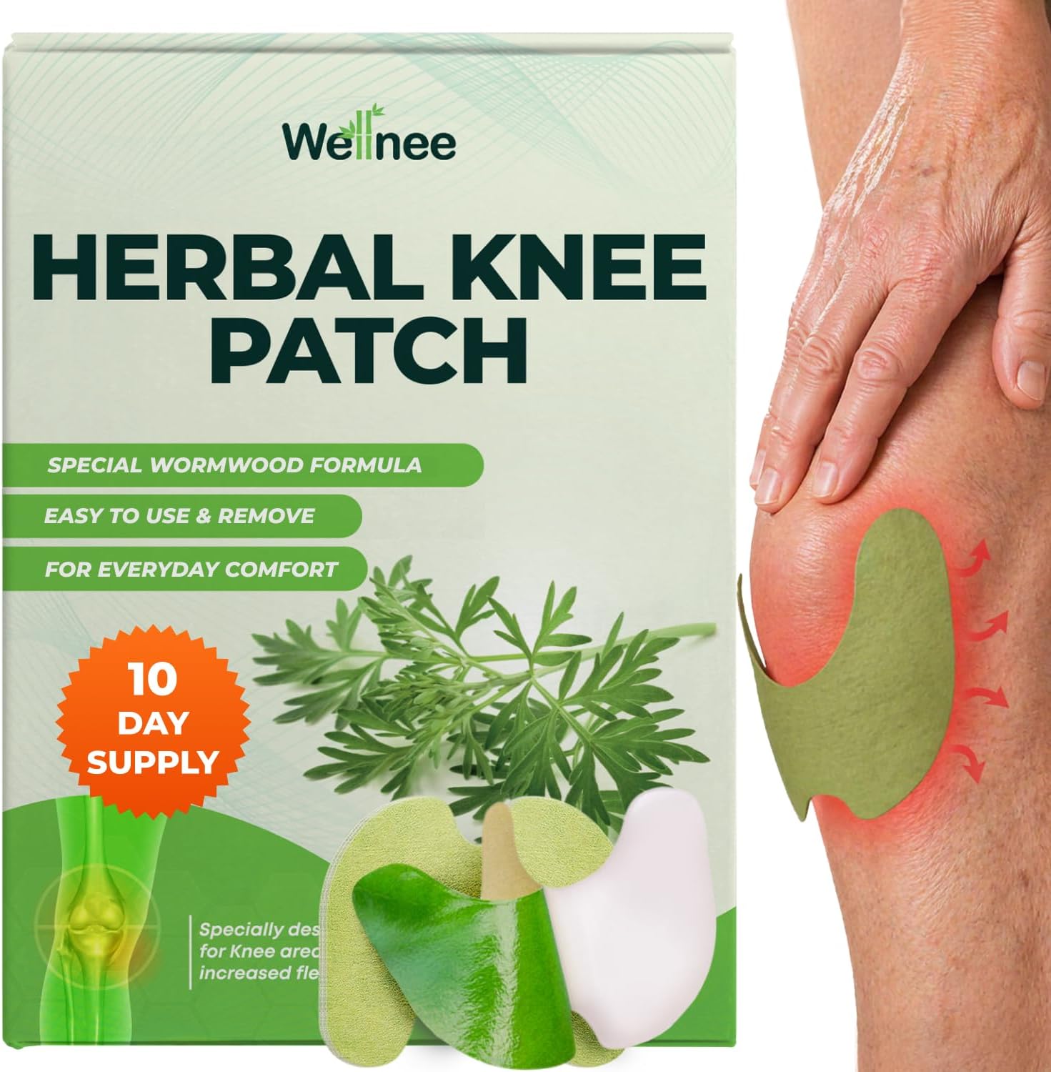 Wellnee Original Herbal Knee Patch - Wellknee Plaster for Knee Support & Muscle Pain - Maximum Strength for a Temporary Relief - Adhesive Heat Patches Made with Natural Herbs for Wellness (10 Pads)