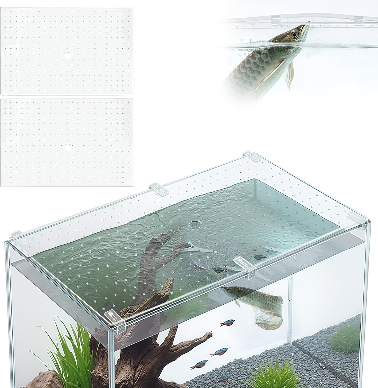 2 Pcs Aquarium Acrylic Glass Canopy Set for 70/75/90/110 Gallon 48 X18 Aquarium Fish Tank Cuttable Fish Tank Cover, Anti-Jump Net with Clips (Each 22.68 x 16.93 x 0.1in) 23 x 17 Inch