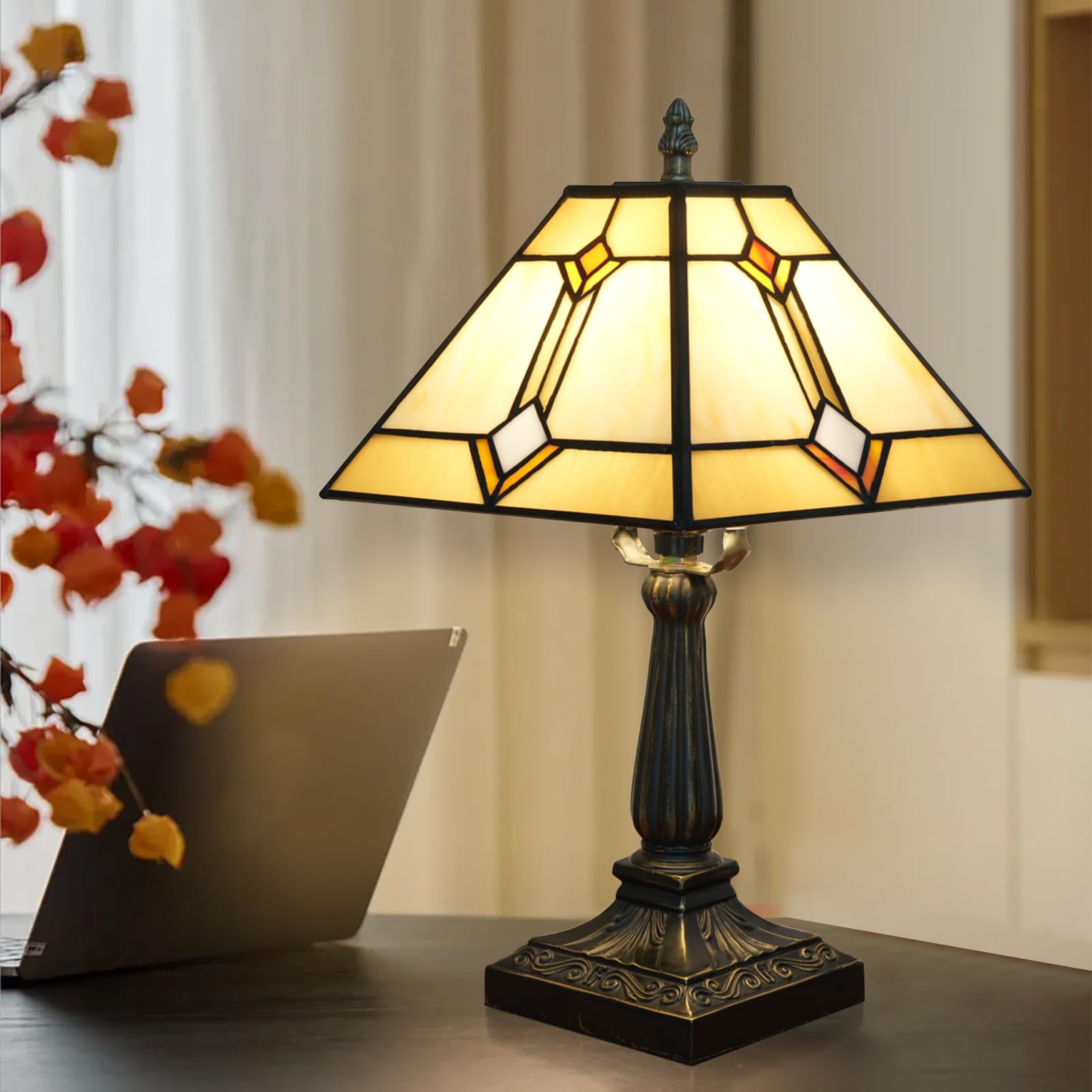 Tiffany lampa stołowa styl misja szkło witrażowe światło żółte antyczne vintage lampa obok czytania do domu salonu