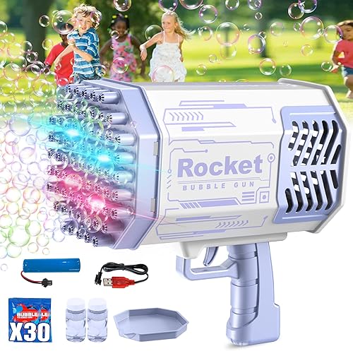 Pistola de burbujas mejorada de 69 agujeros, luz colorida, solución de burbujas de 2 botellas (30 paquetes de solución de burbujas adicionales),