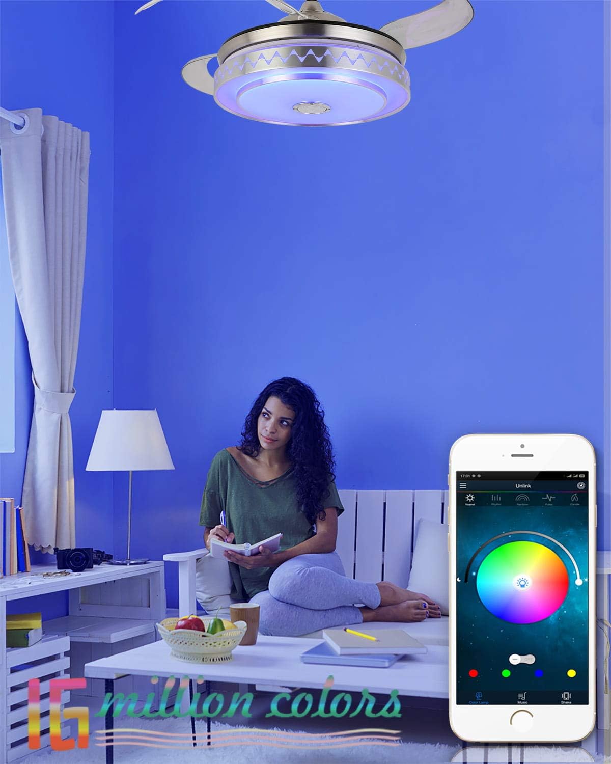 Best Deal Cheap 🛒 Retractable Ceiling Fan with Light and Bluetooth Speaker, 7 Color Change Bluetooth Fan Chandelier with Remote Silent Motor Indoor Fans 42Inch (Silver) (Simple)