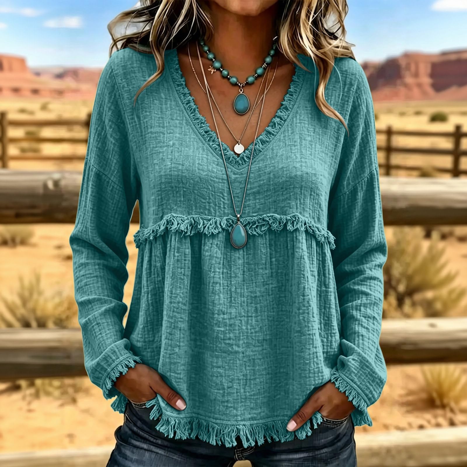 Camicie a maniche lunghe con scollo a V in garza di cotone Boho per le | Camicetta da donna in garza di cotone traspirante boho con frange sciolta fluida scollo a V leggera adatta per viaggi