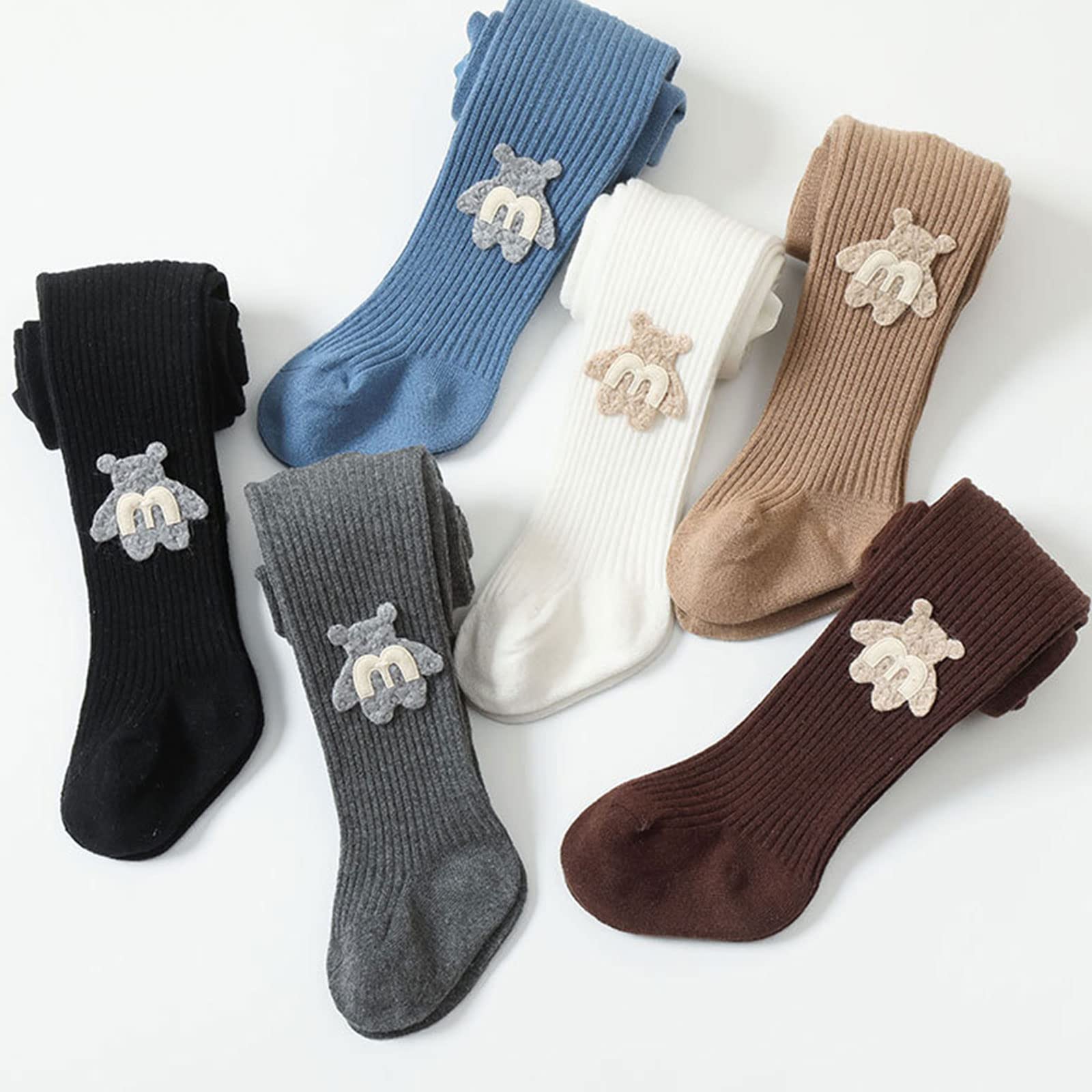 BULINGNA Infant Baby Girl High Waist Leggings Tights Socks Knit Ribbed Suspender Pantyhose Stockings with Cute Bear (White, 0-12 Months)