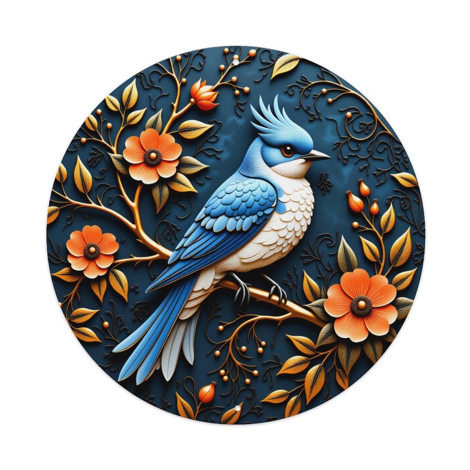 Blue Bird Orange Flowers Branch Vintage Metal Tin Sign Retro Wall Decor for Home Bar Garage Cafe, Indoor & Outdoor Decorative，circle Metal Poster, 8x8 Inch