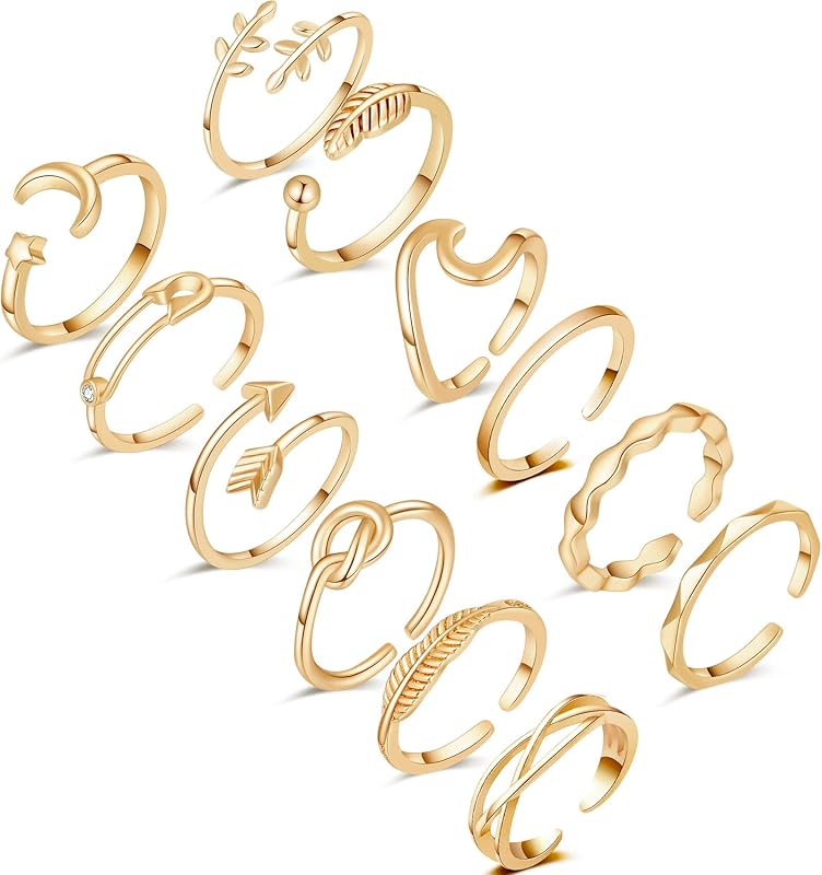 12PCS Silver Plated Rings Adjustable Open Rings for Women Cute Gold Plated Stackable Thumb Rings Joint Chain Midi FingerArrow Knot Wave Band Rings Set