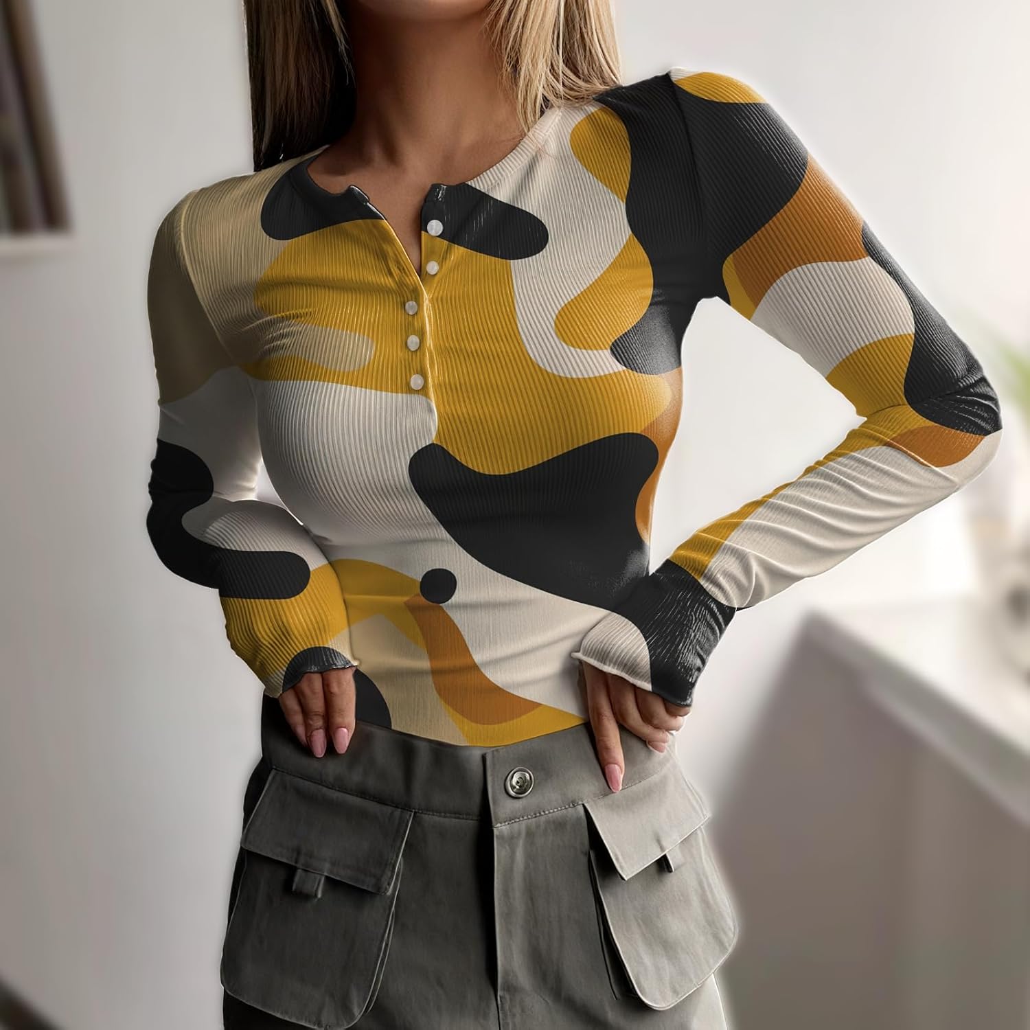 MARSVOVO Casual Henley Shirts for Women Slim Fit Button Ribbed Long Sleeve Shirts Going Out Spring Fall Trendy Tops - Image 2