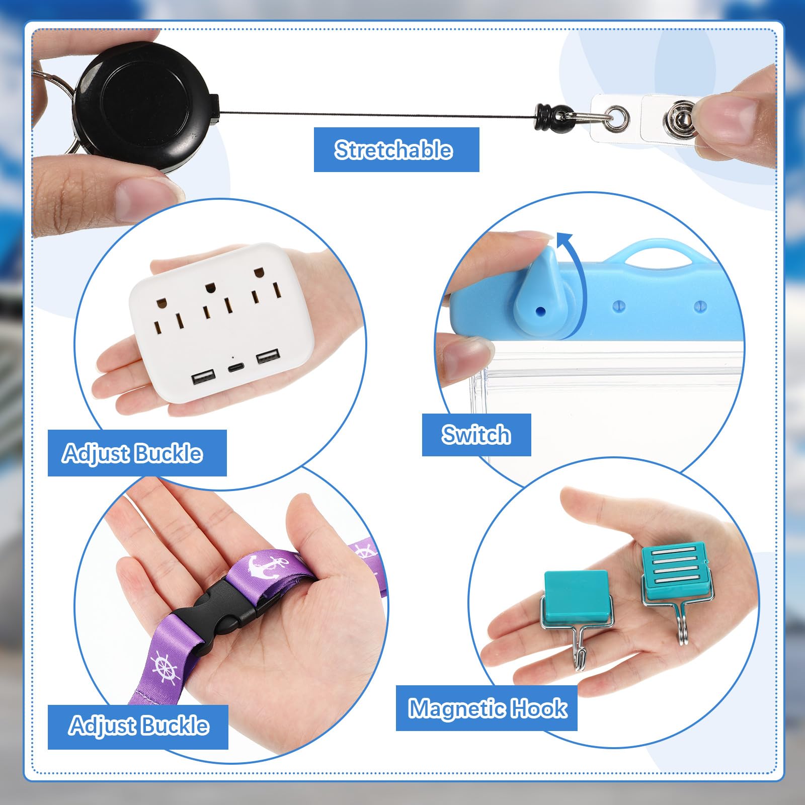 Tenceur 18 pezzi Cruise Essentials Power Strip 6 ganci 2 cordino per carte 4 etichette bagagli 2 borsa telefono 1 stendibiancheria 2 fascia asciugamano