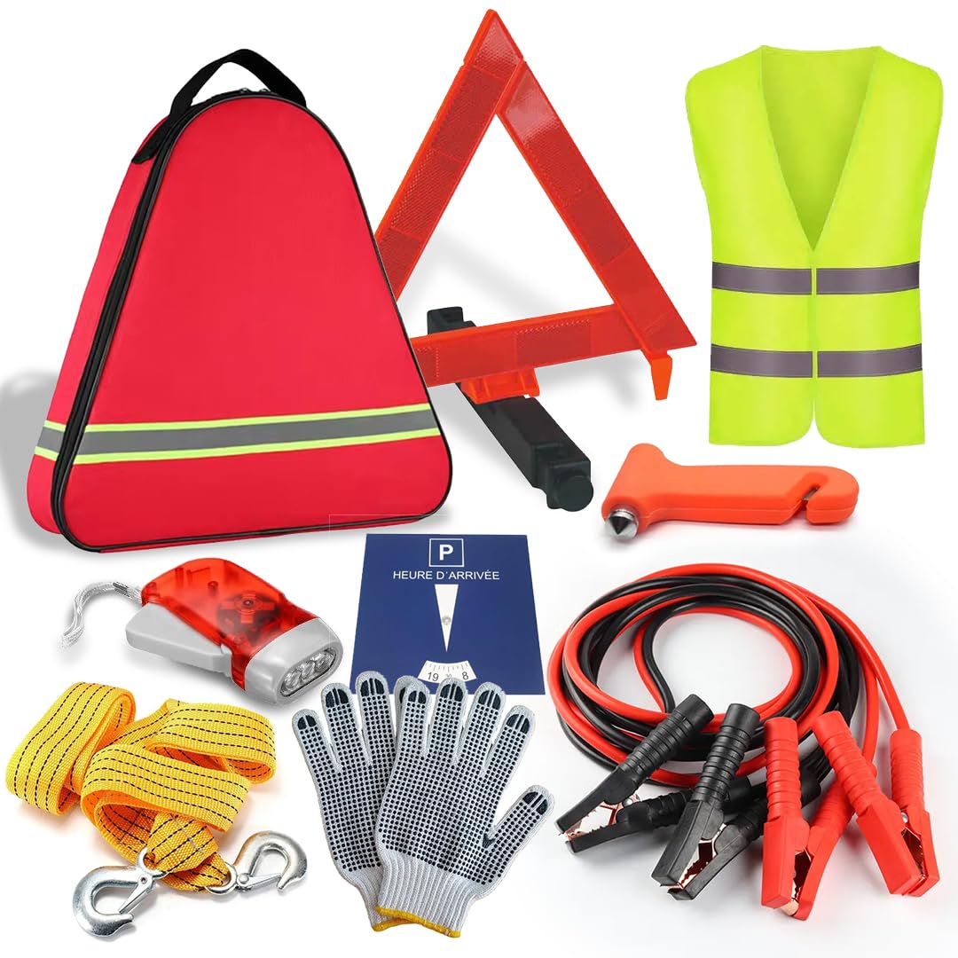 Kit Sécurité et Accessoires Auto - Triangle de Signalisation, Gilet Jaune, Gants de Protection, Sangle de Traction, Brise-Glace, Lampe Dynamo Rechargeable, Câbles de Batterie, Disque de stationnement