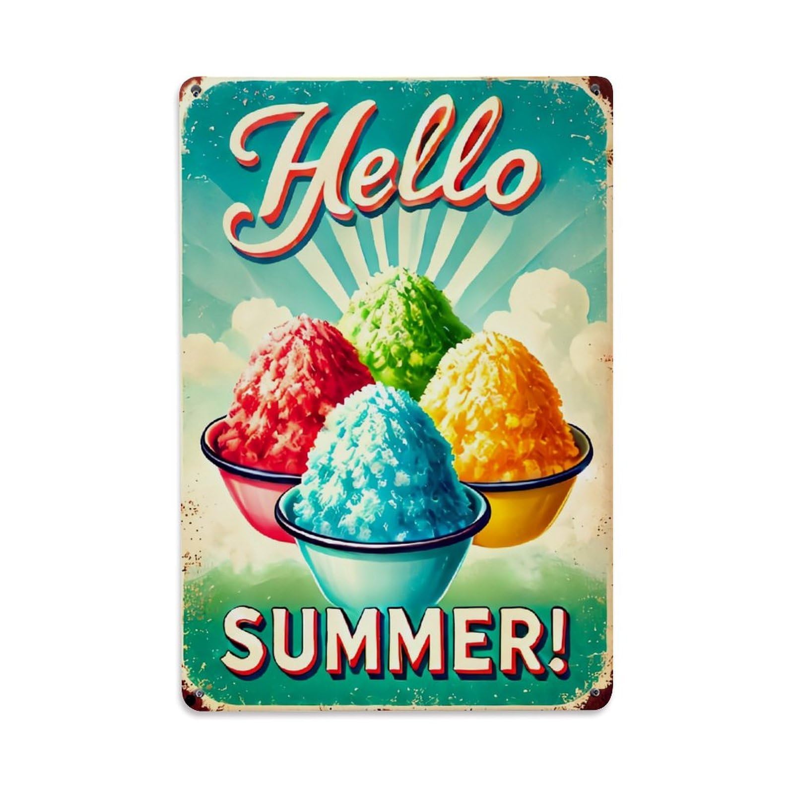 Jdfenggu Vintage Hello Summer Ice Cream Bowls Retro Metal Tin Sign, Metal Poster For Bar, Home, Man Cave, Kitchen, Laundry Room Art Decor 8X12 Inch