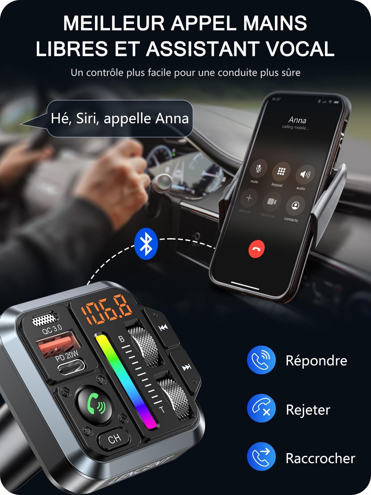 LENCENT Transmetteur FM Allume Cigare Bluetooth 5,3 avec réglage des aigus et des Basses Émetteur FM Radio appels Mains Libres, Chargeur Rapide de Voiture PD 20W & QC3,0, Siri Google Assistant