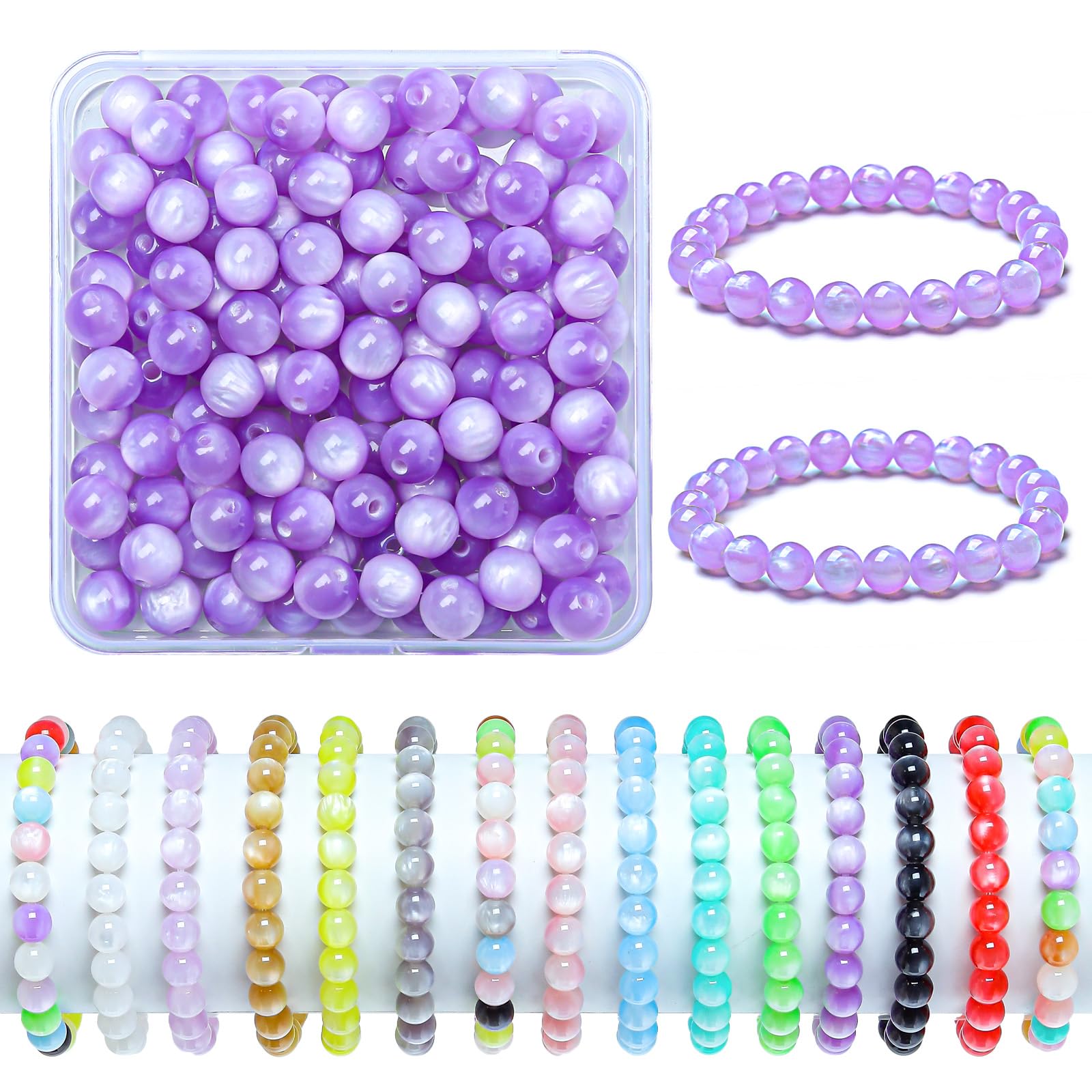 Gkelaly 8mm Purple Glass Beads Bulk, Light-Coloured Pastel Bead for Bracelets, 100pcs Round Crystal Beads for Jewellery Making, DIY Bracelet Supplies with Storage Box