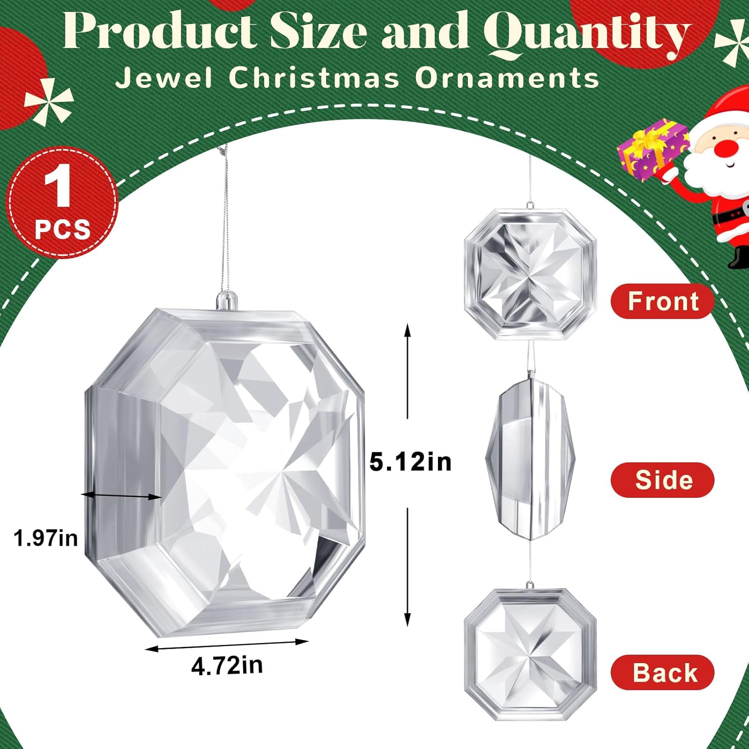 Syhood 5.1 Inch Jewel Ornament Square Jewel Ornaments for Christmas Tree Acrylic Large Christmas Gem Decorations for Xmas Wedding Holiday Party Decor(Silver) - Image 2
