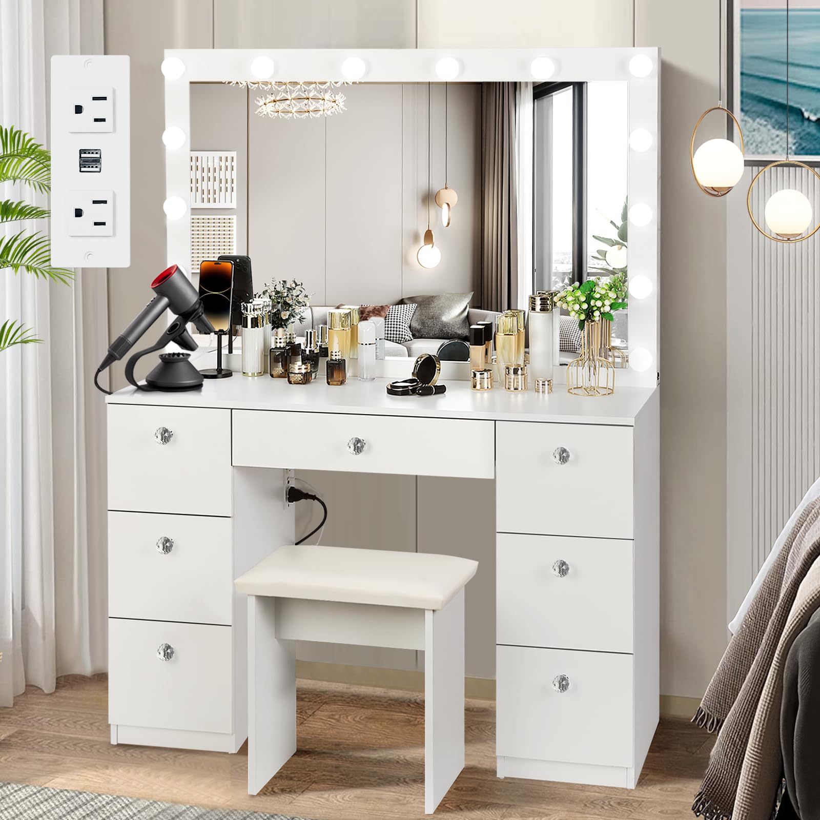 SMOOL Vanity with Lighted Mirror, Makeup Vanity Desk with Power Outlet and LED Bulbs, 3 Color Lighting Modes Adjustable Brightness, 7 Drawers Vanity