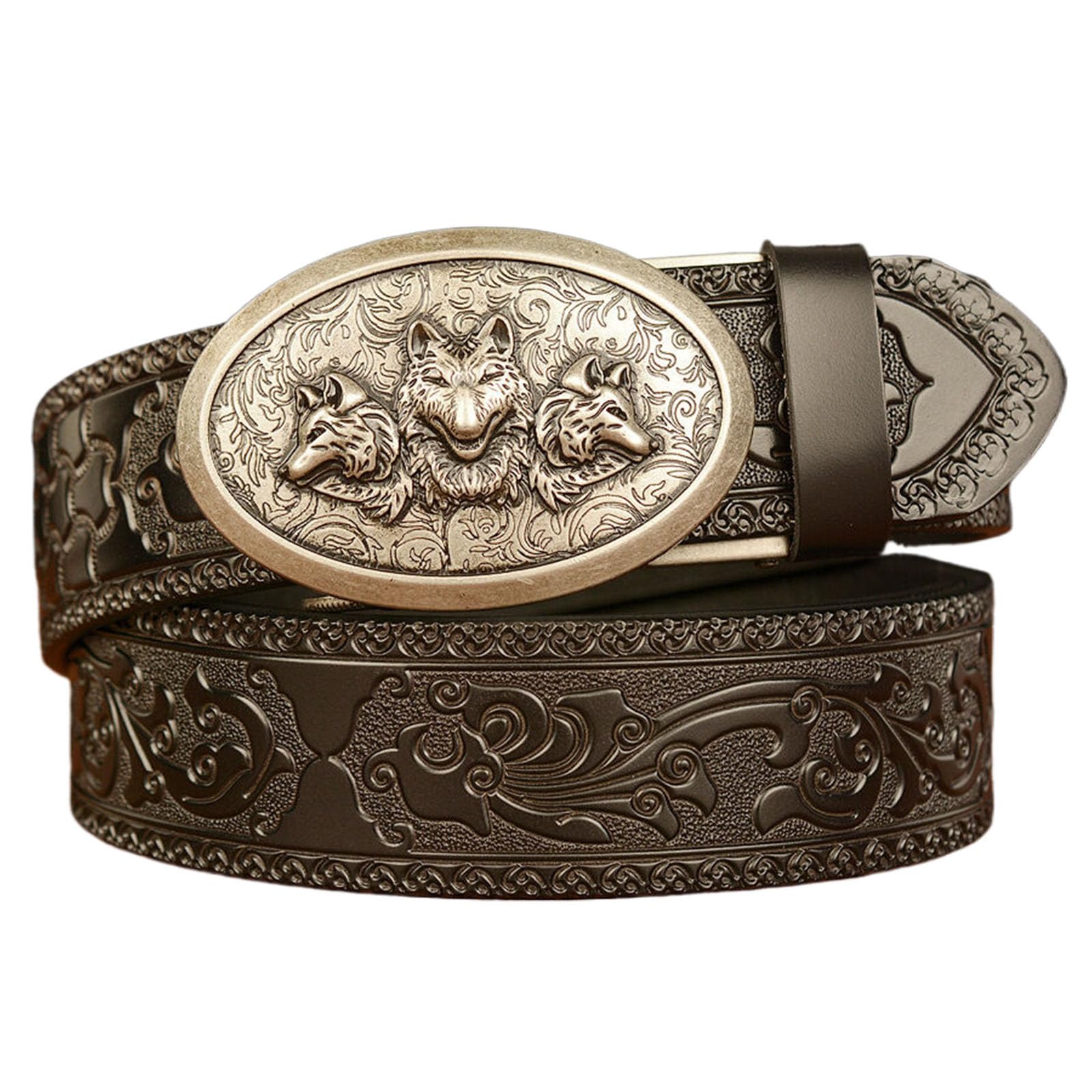 Wrjahcg Unisex Black B Men's Belts Leather Ratchet, Western Cowboy Belt For Men With Wolf Head Oval Alloy Buckle Embossed Belt,,120Cm/47.3''