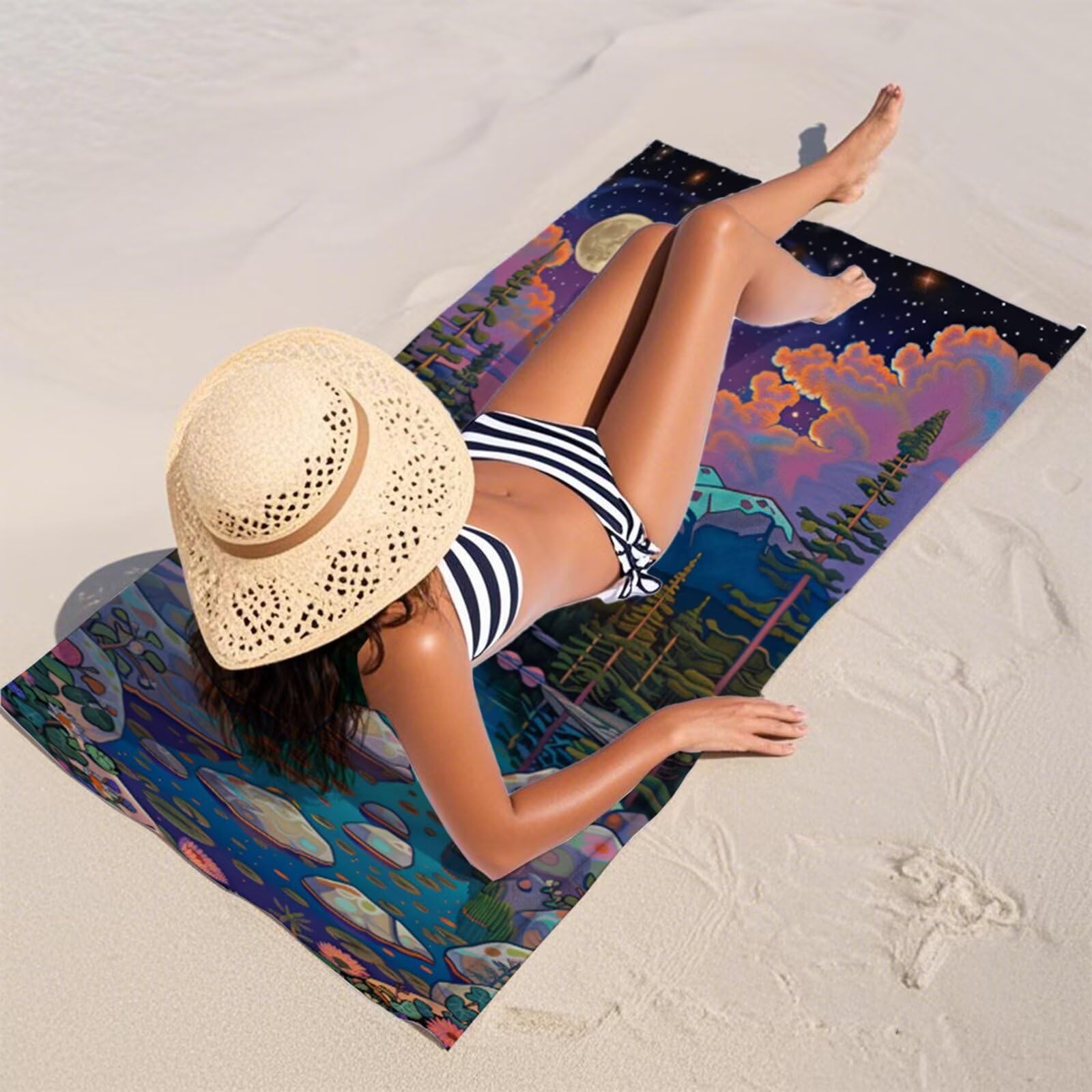 Strandtuch Sternenhimmel Mond Mikrofaser Handtuch Groß 220 x 100 cm, Saunahandtuch Schnell Trocknendes, Sandfreie Stranddecke, Saugfähiges Badetuch, Platzsparende Reisehandtuch, Sauna Zubehör Y1-951