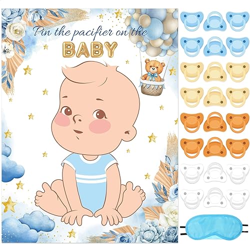 Miniatura 15 de Faccito Juego pon el chupón para baby shower Decoraciones para fiesta de baby shower Incluye póster grande 24 pegatinas de chupete Juego con venda