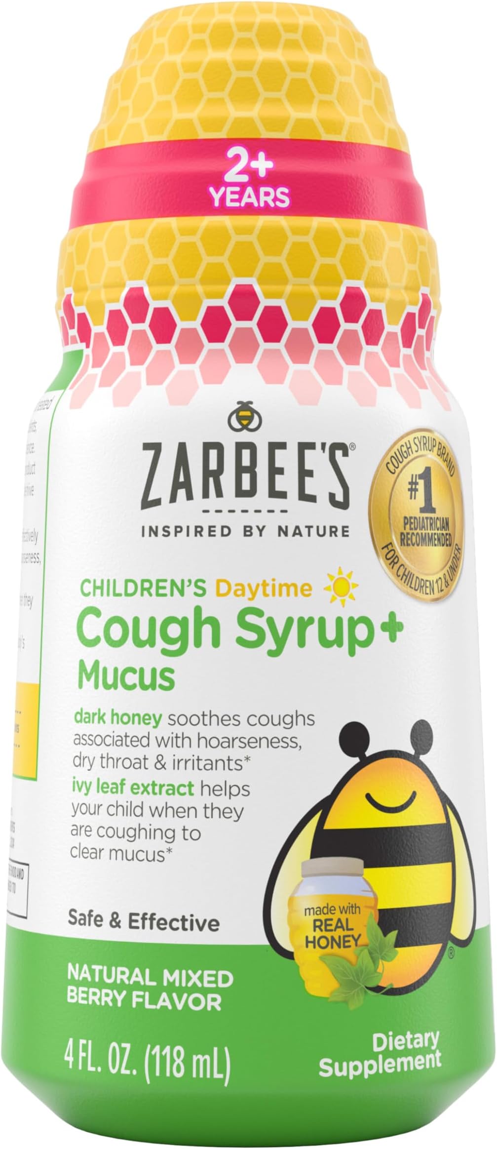 Kids Cough + Mucus Daytime for Children 2-6 with Dark Honey, Ivy Leaf, Zinc & Elderberry, 1 Pediatrician Recommended, Drug & Alcohol-Free, Mixed Berry Flavor, 4FL Oz