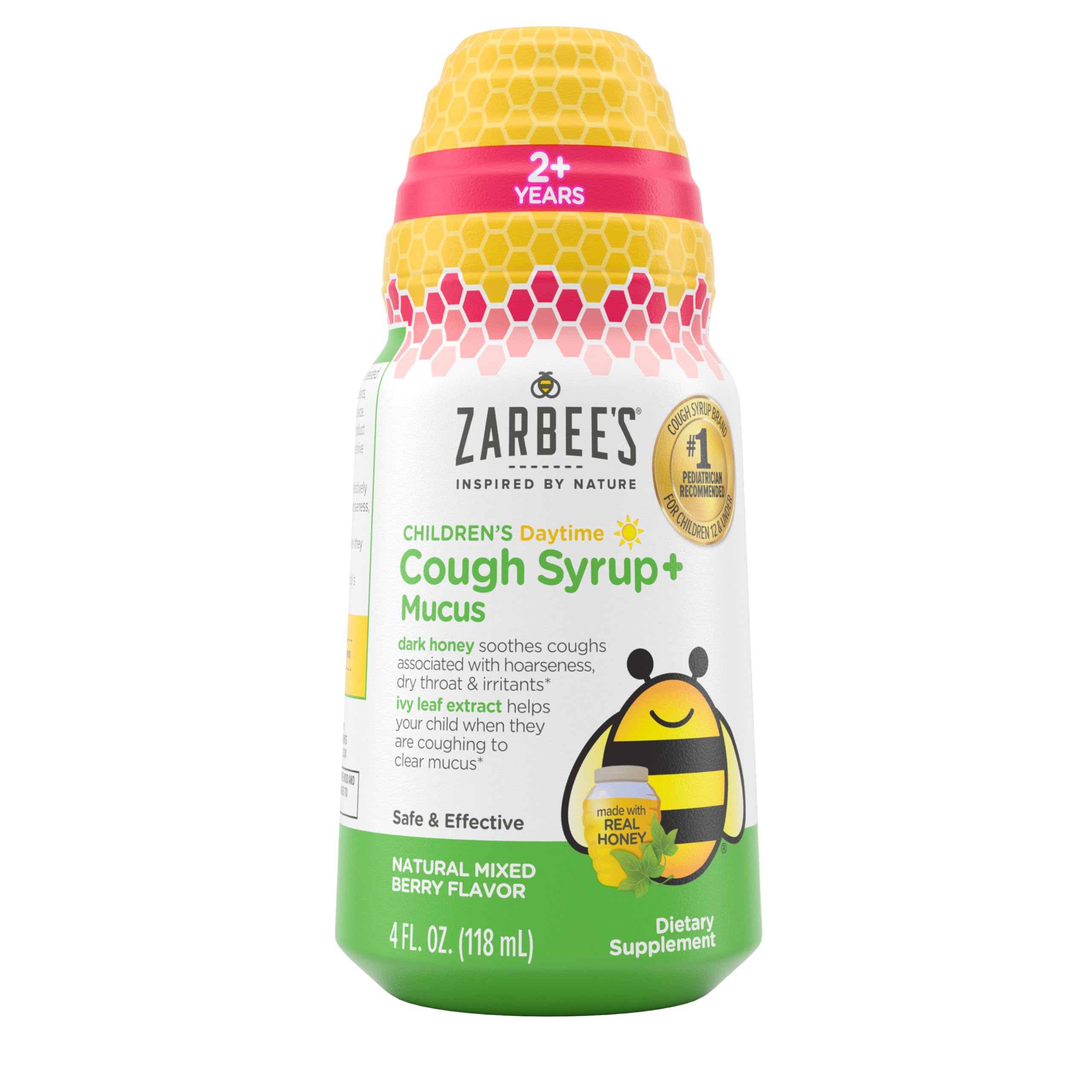 Zarbee's Kids Cough + Mucus Daytime for Children 2-6 with Dark Honey, Ivy Leaf, Zinc & Elderberry, 1 Pediatrician Recommended, Drug & Alcohol-Free, Mixed Berry Flavor, 4FL Oz