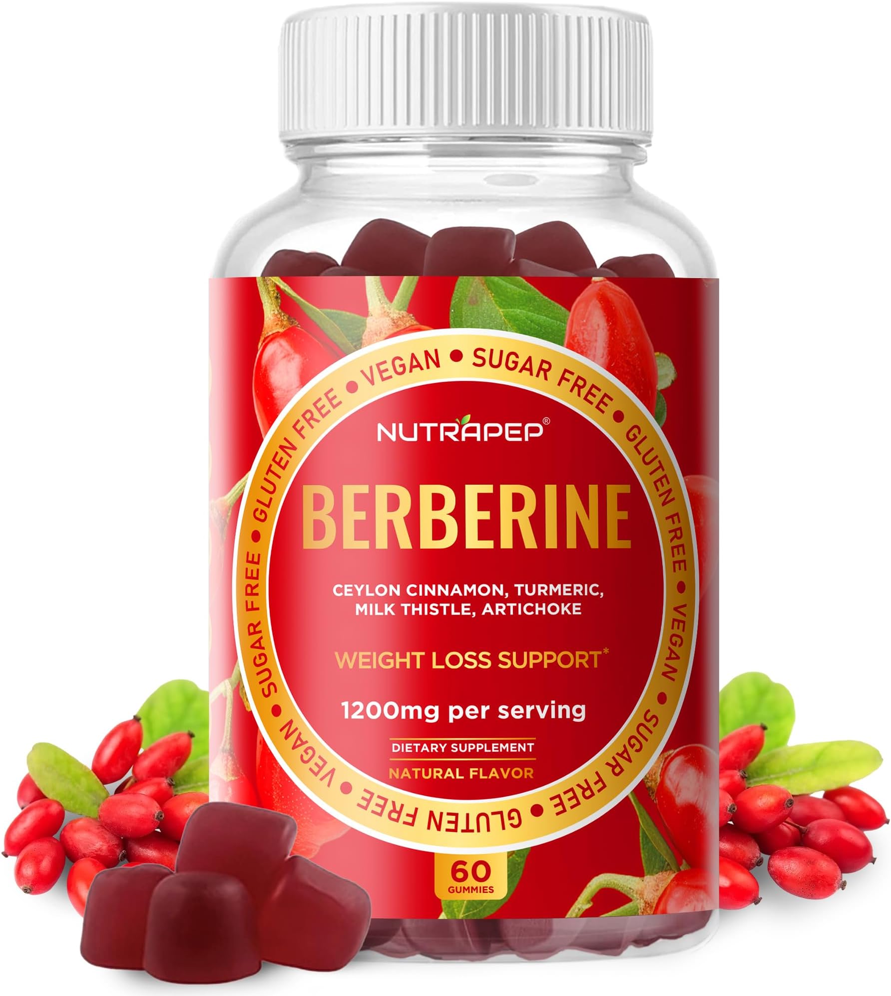 NutraPep Premium Berberine HCl Weight Loss Support Gummies - 1200 mg Berberine HCl with Ceylon Cinnamon Turmeric Milk Thistle Artichoke for Metabolism Appetite Support - Sugar Free Gluten Free