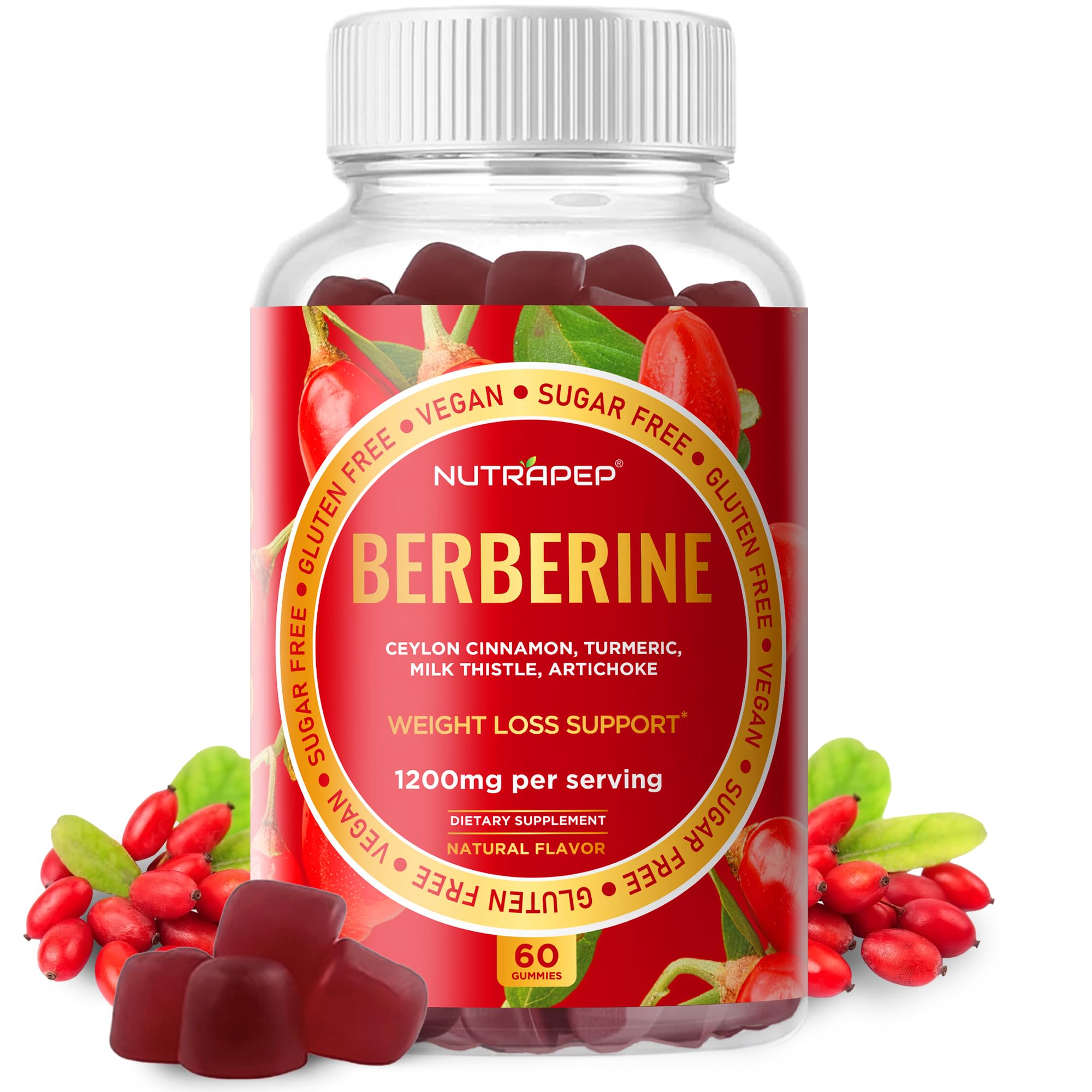 Premium Berberine HCl Weight Loss Support Gummies - 1200 mg Berberine HCl with Ceylon Cinnamon Turmeric Milk Thistle Artichoke for Metabolism Appetite Support - Sugar Free Gluten Free