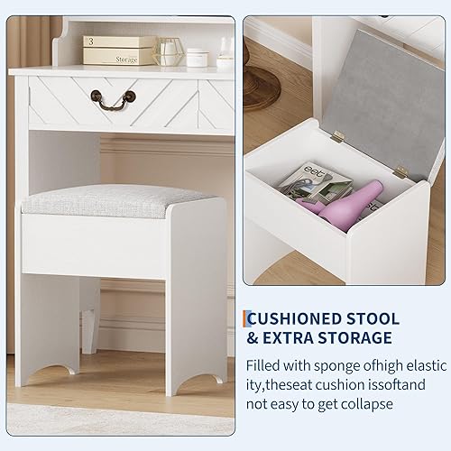 Miniatura 7 de GarveeHome Escritorio de tocador con espejo deslizante y luces, mesa de maquillaje blanca con taburete, tocador retráctil con estación de carga,