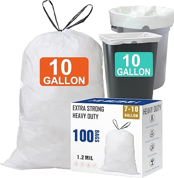 10 Gallon Drawstring Trash Bags 100 Count 1.2 Mil Heavy Duty Garbage Bags Compatible with Rubbermaid Brute 10 Gallon Trash Can & Fit All 7, 9, 10, 13 Gallon Trash Can Tear & Leak Resistant