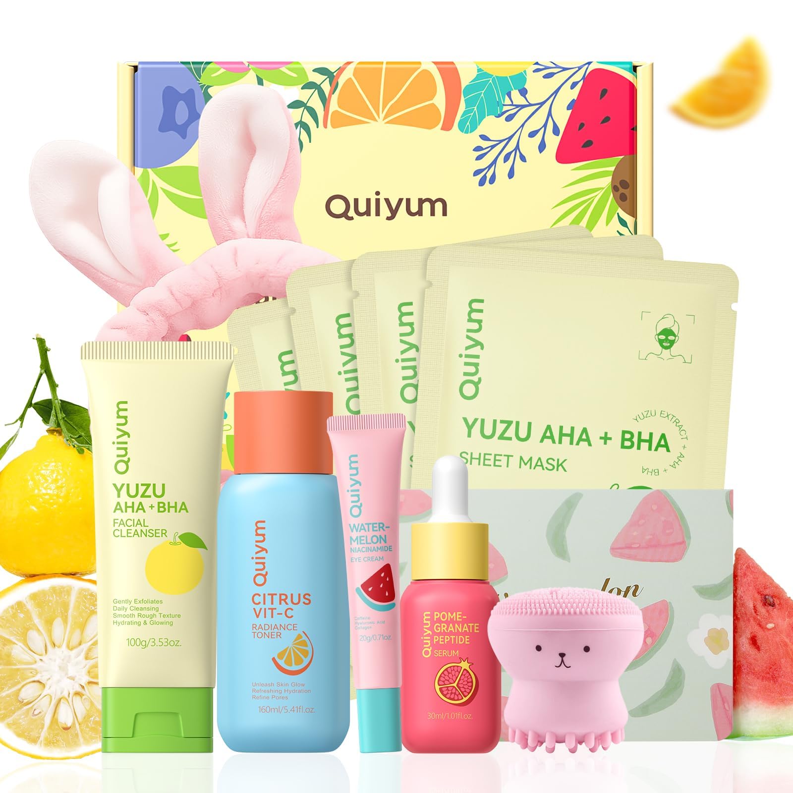 QUIYUM Set de Cuidado Facial para Mujer, 10 Piezas, Piel Grasa y Mixta | con Acné, Ácido Salicílico, Vitamina C y Péptidos, Control de Aceite, Iluminador, Antiacné
