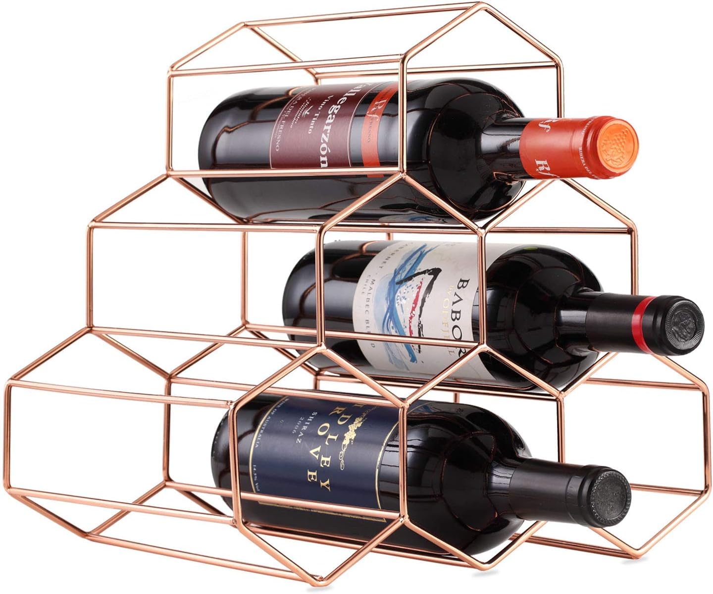 IKTU 6 Bottles Metal Wine Rack, Countertop Free-Stand Wine Storage Holder, Space Saver Protector for Red & White Wines (Rosegold)-image-1