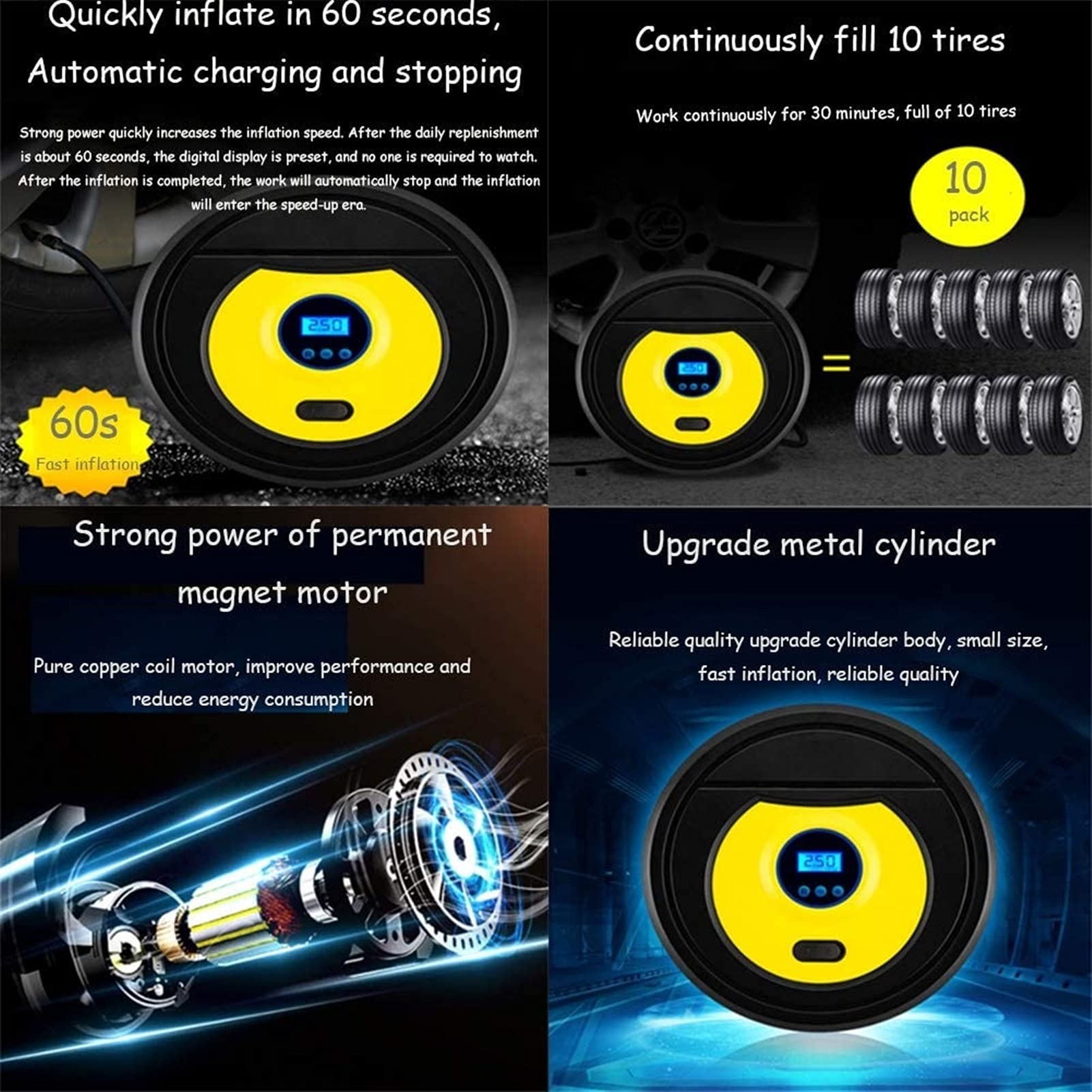 Inflador de neumáticos, compresor de aire portátil, digital 12 V CC 150 PSI, pantalla LCD digital con manómetro de apagado automático, bomba de aire for neumáticos de coche con flujo de aire de 35 l/m