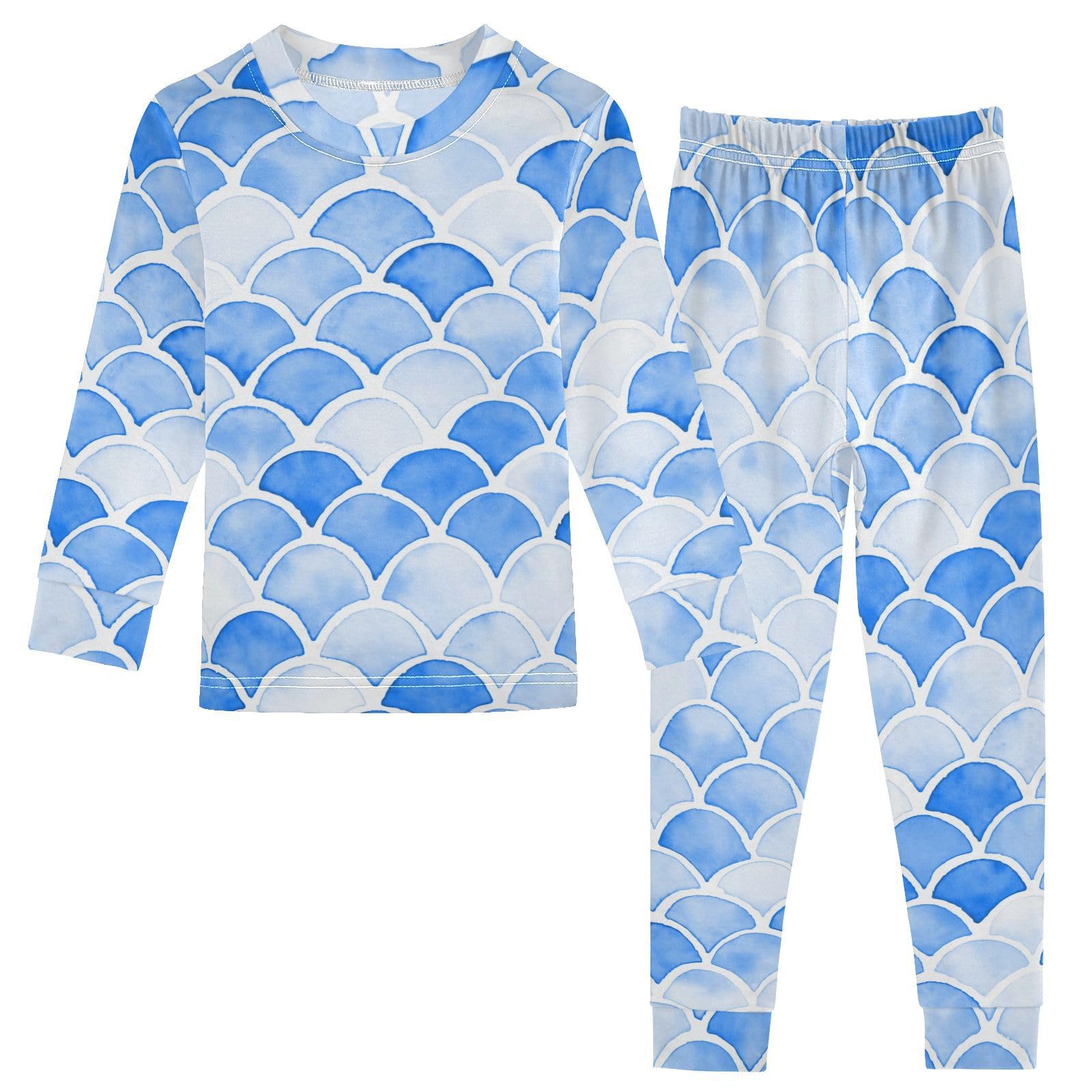 SPRIPORT Pale Blue Mermaid Soft Comfy Pajama Set Cotton 2 Piece Pjs Set Long Sleeve Top and Pants Sleepwear 8Y