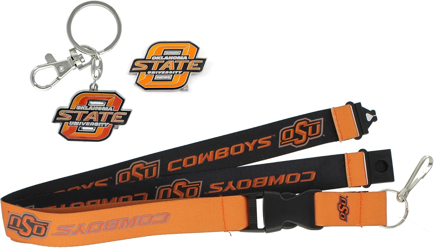 aminco NCAA Oklahoma State Cowboys Team Reversable Lanyard, Logo Lapel Pin, and Metal Keychain Gift Bundle