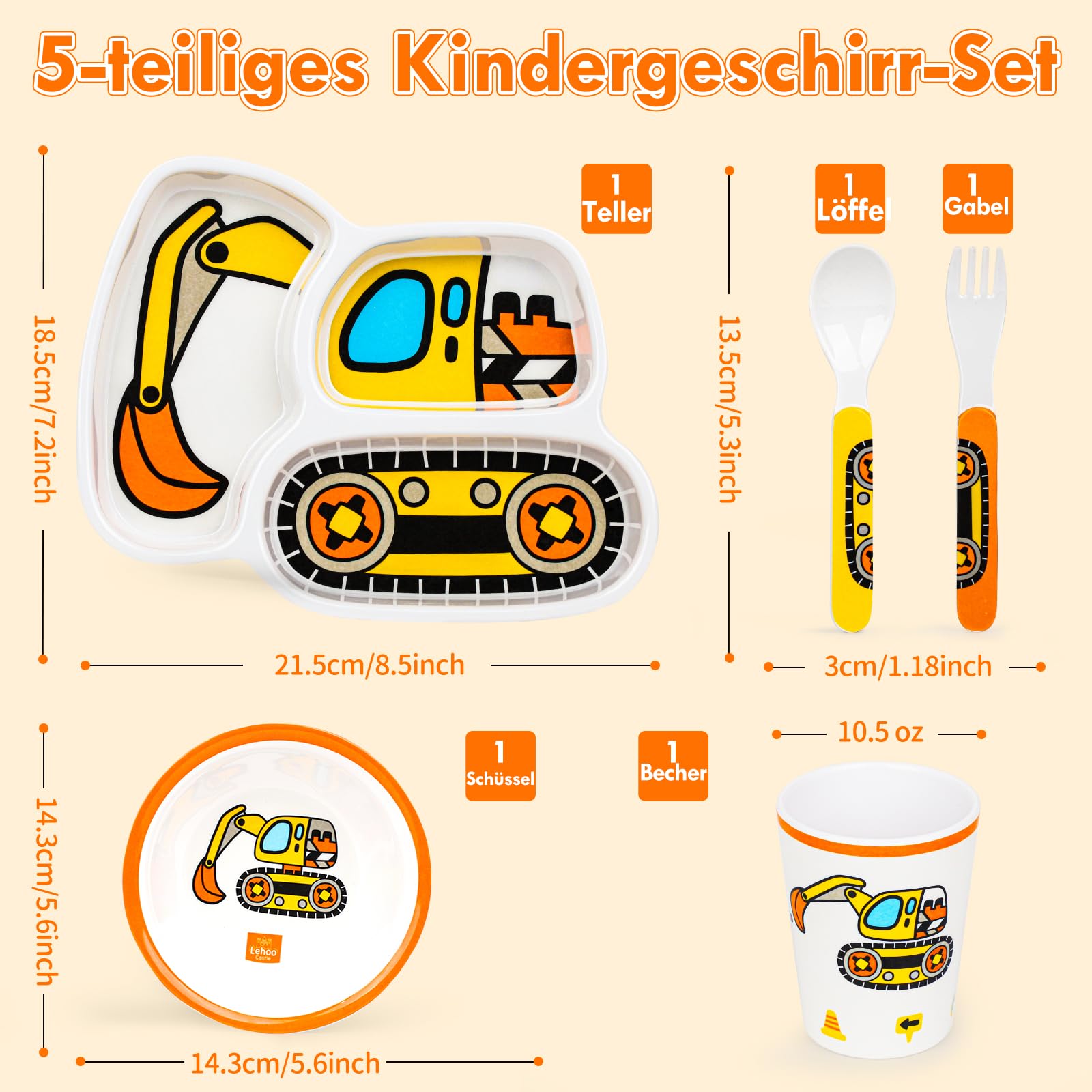 Lehoo Castle Kindergeschirr, 5-teiliges Kindergeschirr Set BPA-frei, Bagger Kinder 2 Jahre - Teller, Becher, Löffel, Gabeln, Schüsseln, Geschirr für Jungen und Mädchen