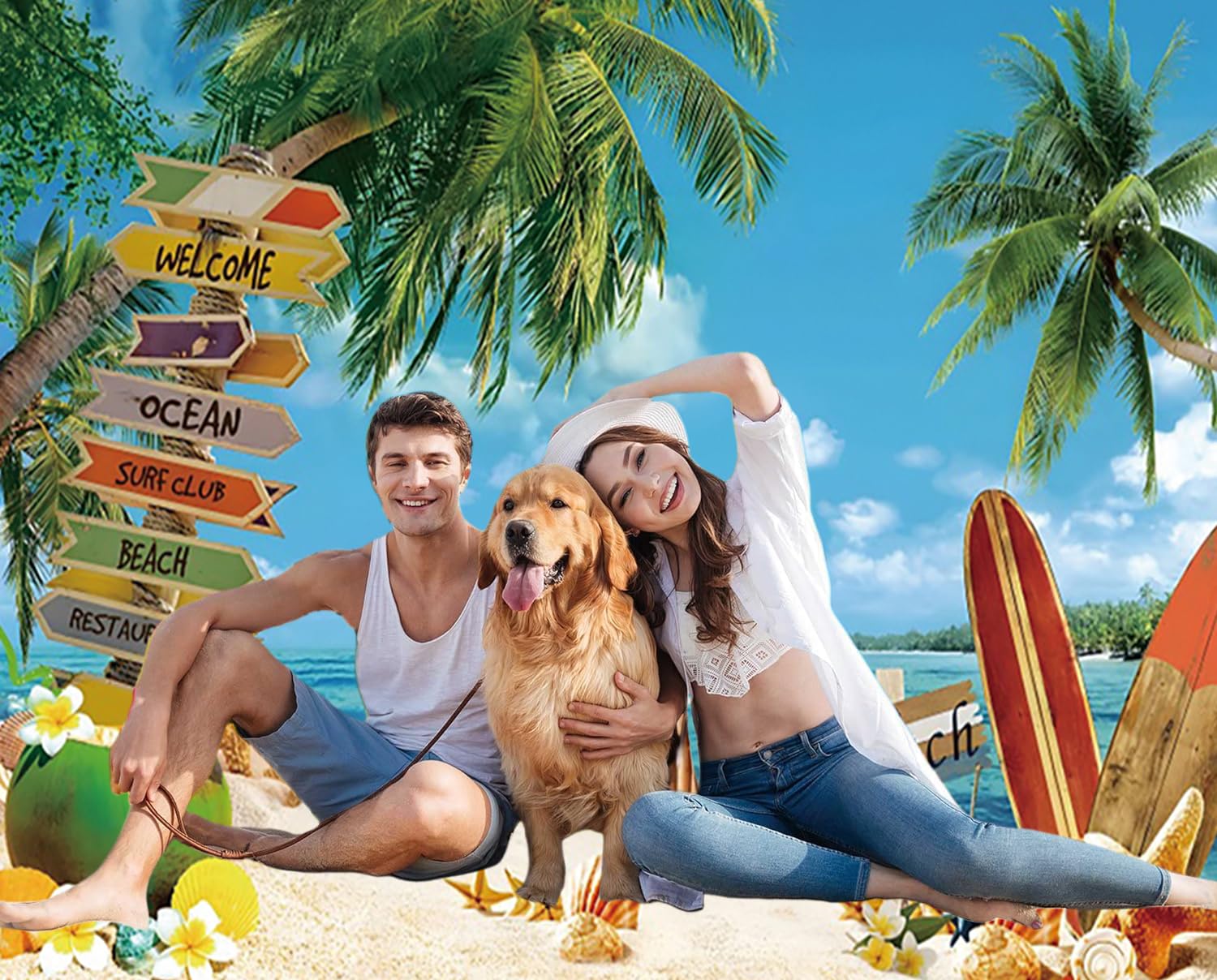 2.4x1.8m Sfondo Spiaggia estate tropicale palme mare isola blu mare cielo fotografia sfondo matrimonio baby shower compleanno Hawaii Aloha Luau Party decorazioni banner Photo Booth Props