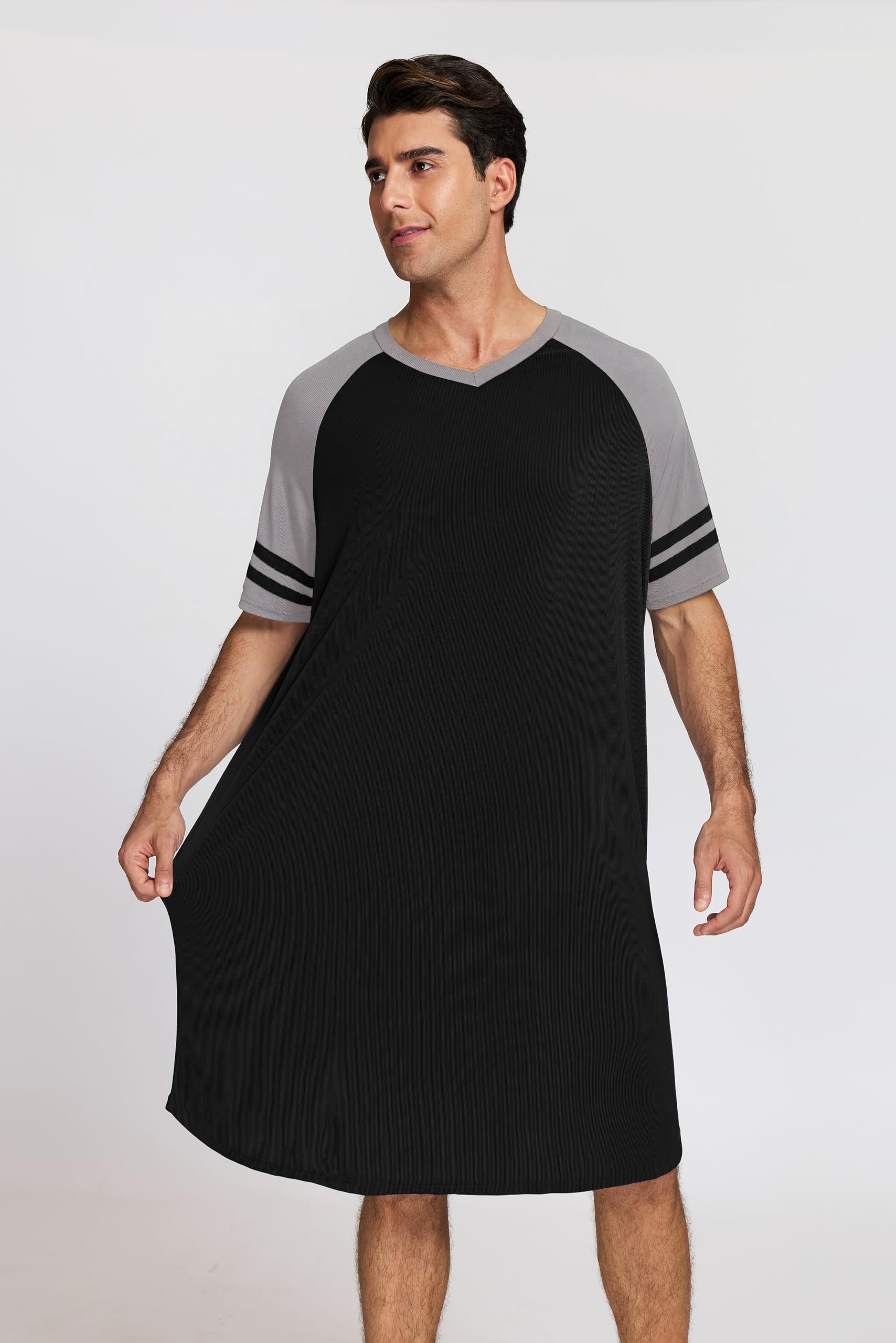 Chemise de Nuit Homme Hauts de Pyjama Tee-Shirt Longueur Genou Col V Manches Courtes Vêtements d'Intérieur Douce Confortable Grande Taille M-4XL