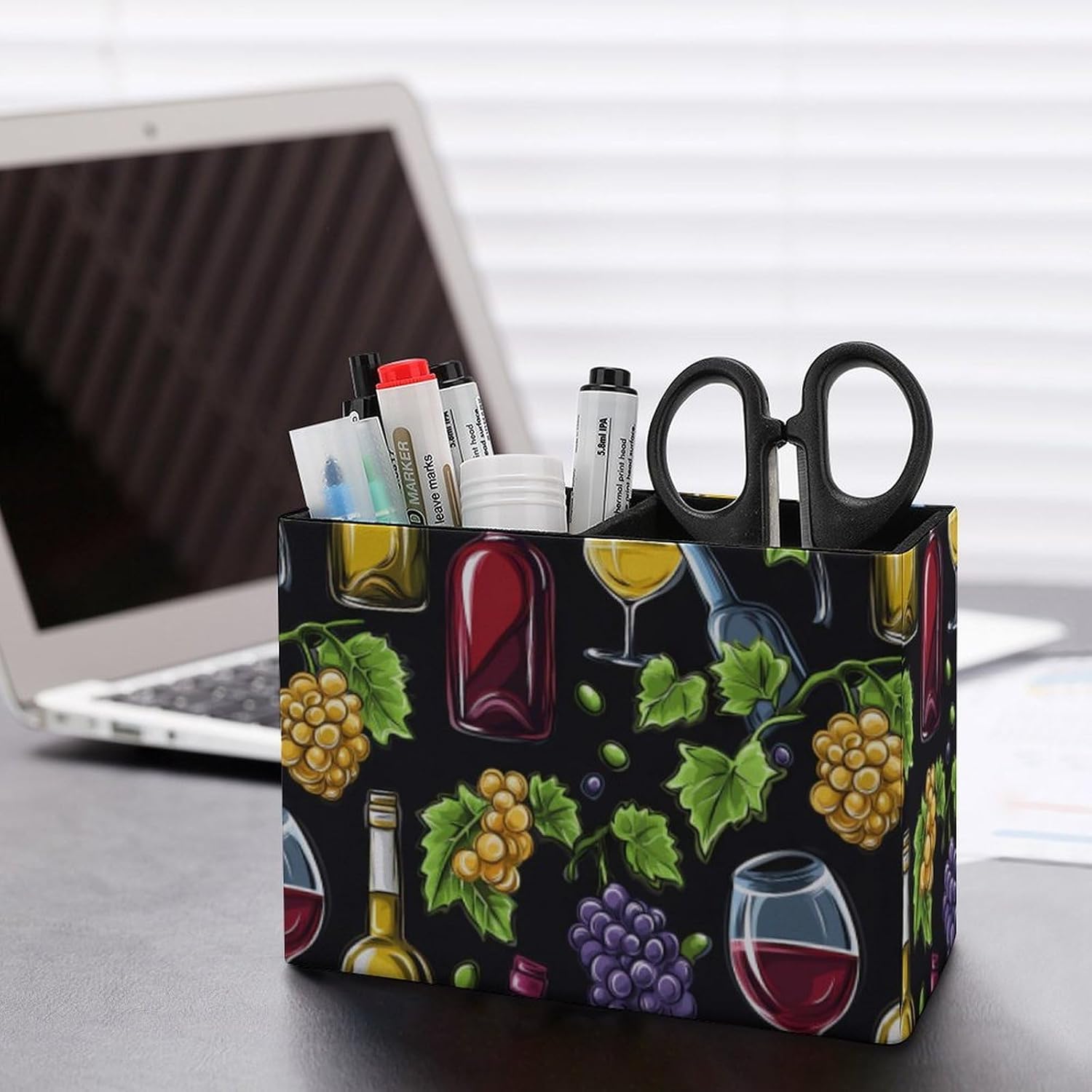 Wine Bottle And Glass Grapes Pencil Pen Holder PU Leather Desk Storage Organizer Makeup Brush Box